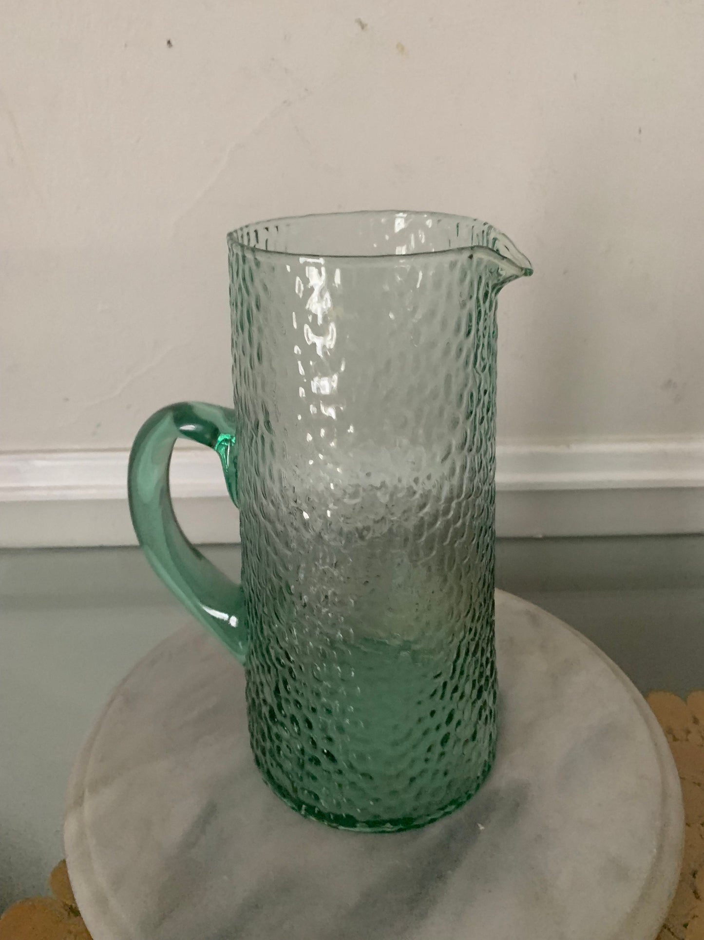 Tall Retro Sea Glass Green Glass Pitcher with Hammered Texture