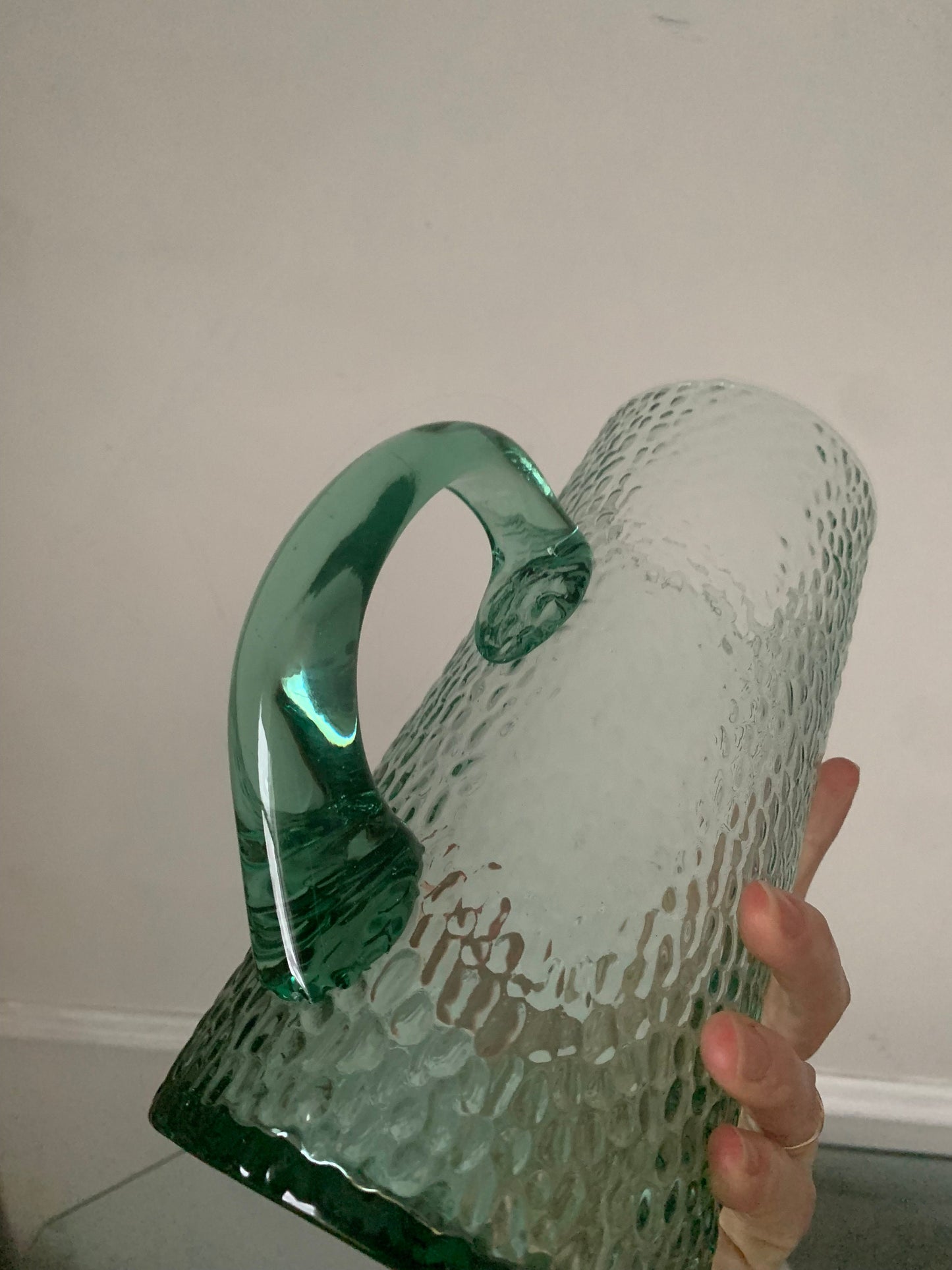 Tall Retro Sea Glass Green Glass Pitcher with Hammered Texture