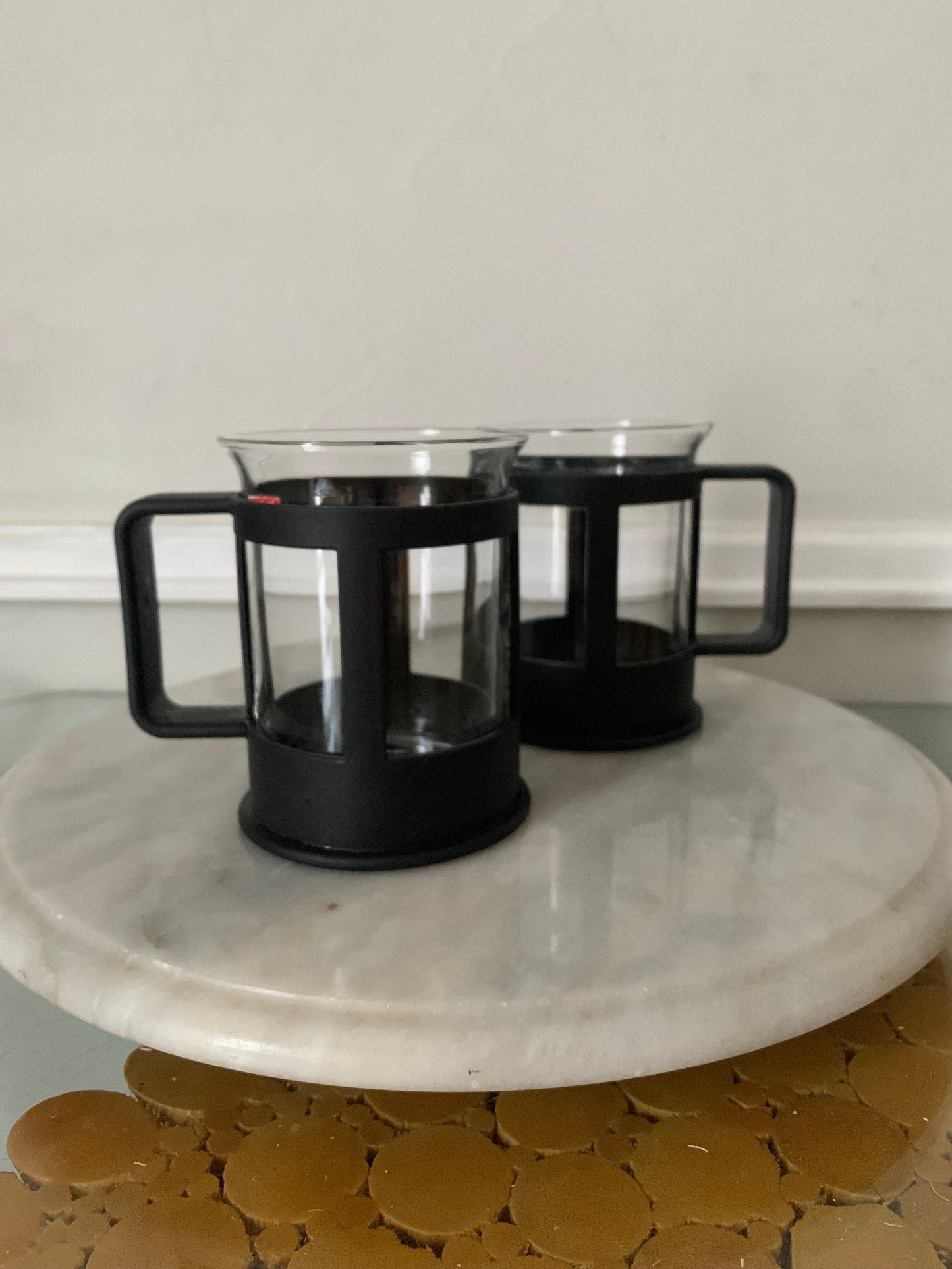 Retro Set of 2 Clear Glass Bodum Mugs with Black Handles Made in Denmark