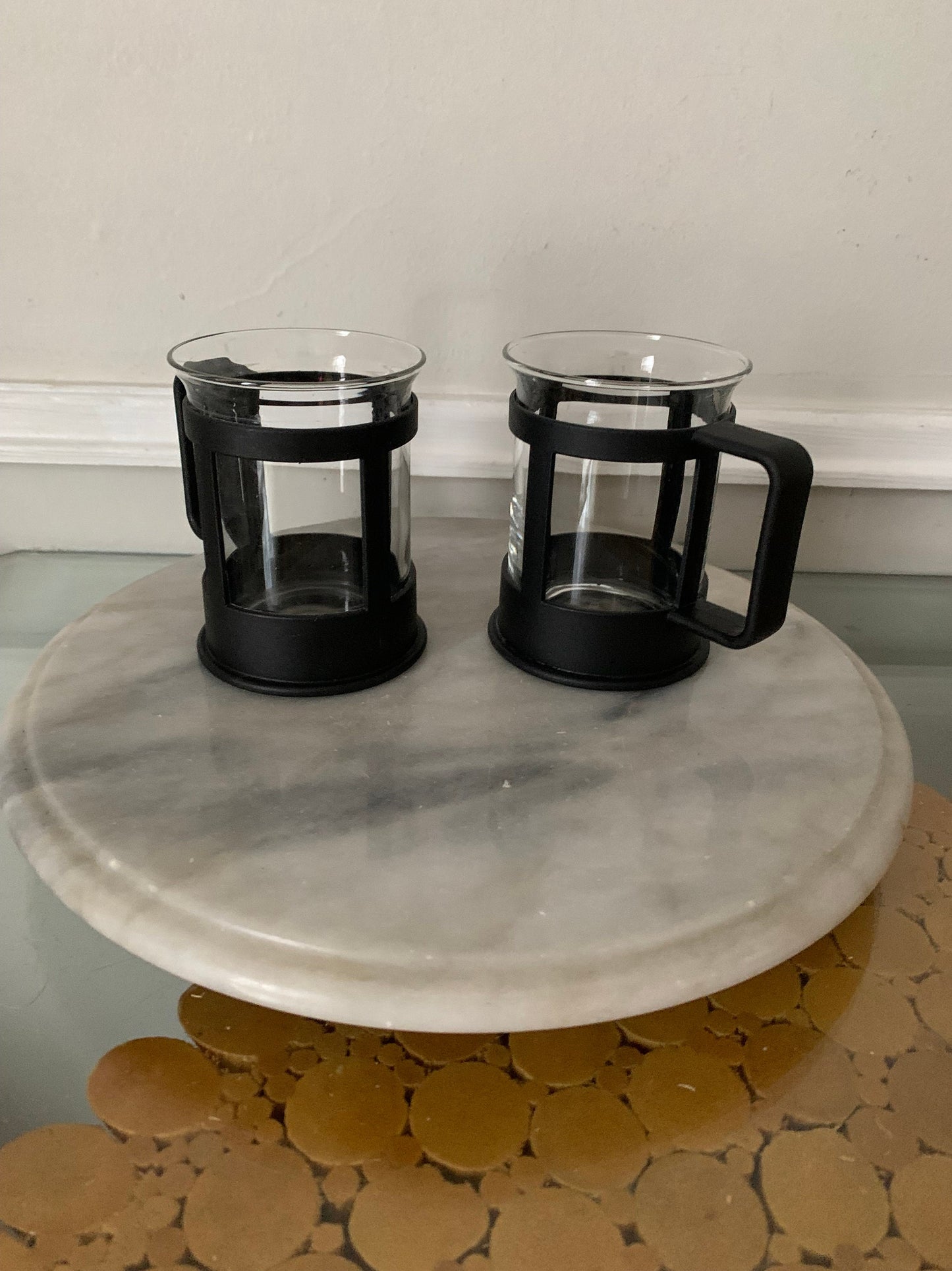 Retro Set of 2 Clear Glass Bodum Mugs with Black Handles Made in Denmark