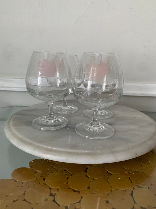 Set of 4 Vintage Czechoslovakian Bohemian Hand Painted Pink Tulip Snifter Cognac Crystal Glasses