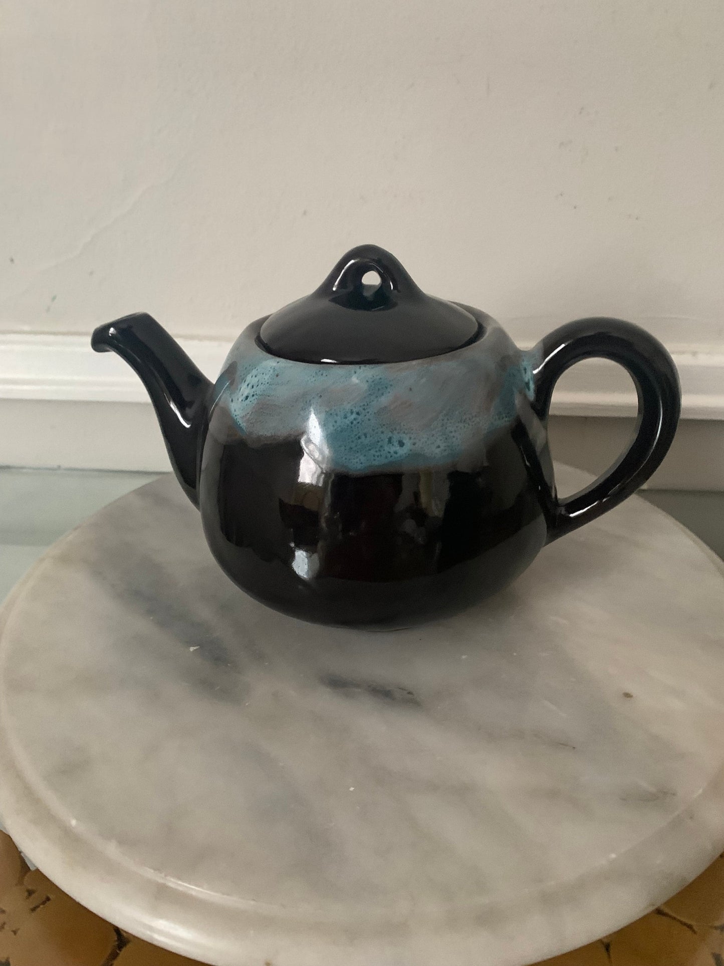 Vintage Personal Size Brown and Turquoise Pottery Teapot