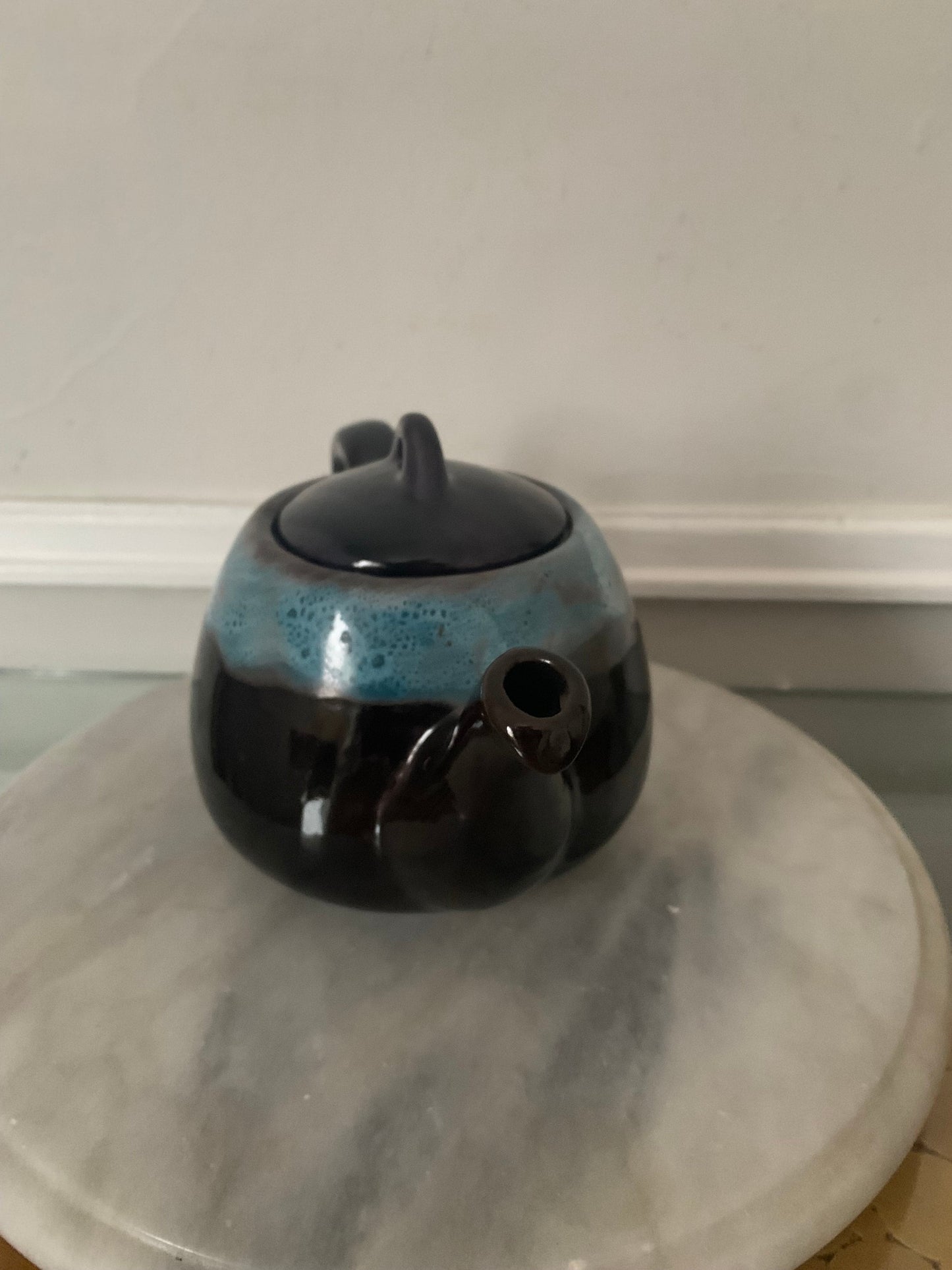 Vintage Personal Size Brown and Turquoise Pottery Teapot