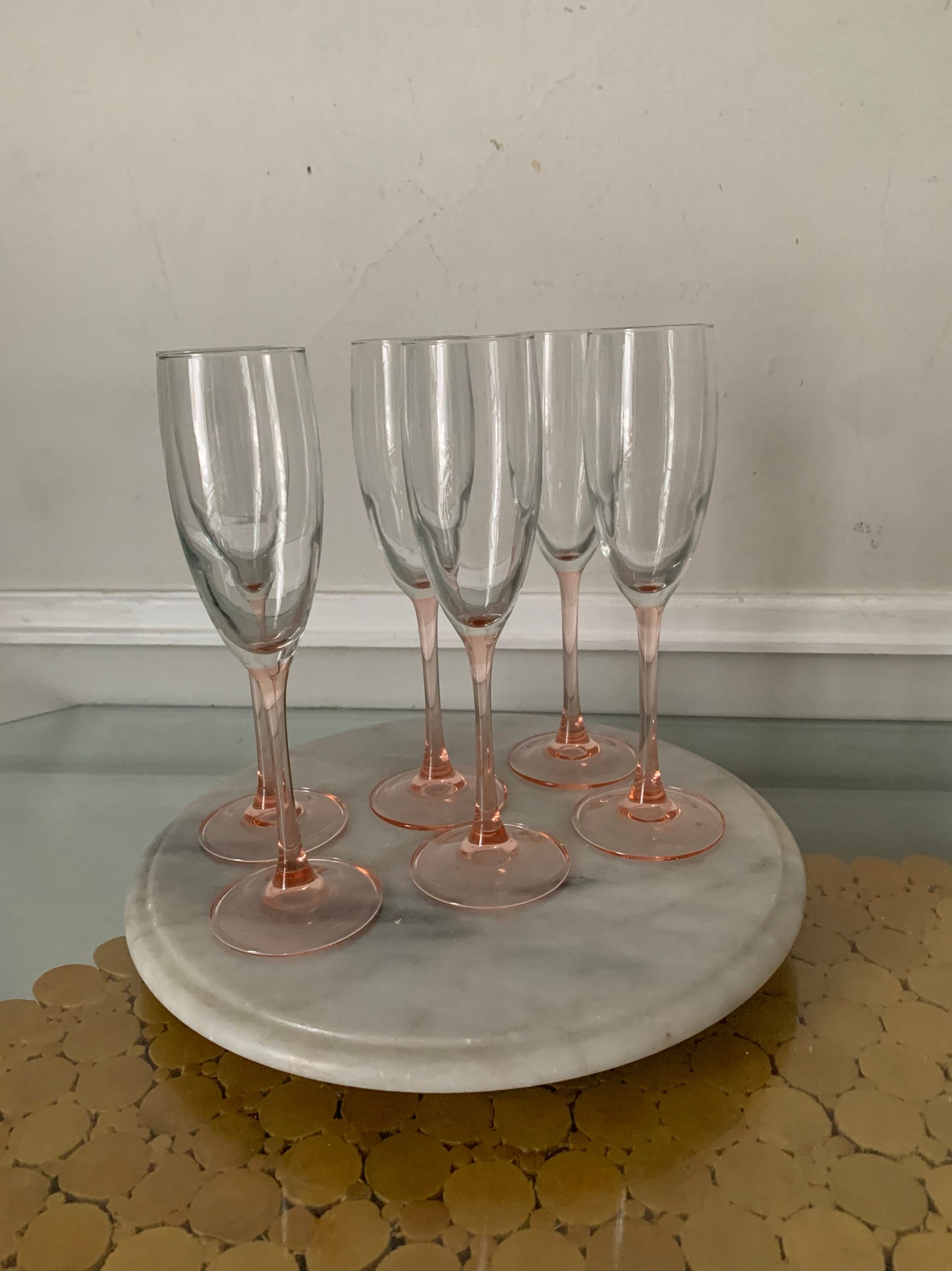 Vintage Set of 6 Light Pink Stem Luminarc Champagne Flutes Made in France