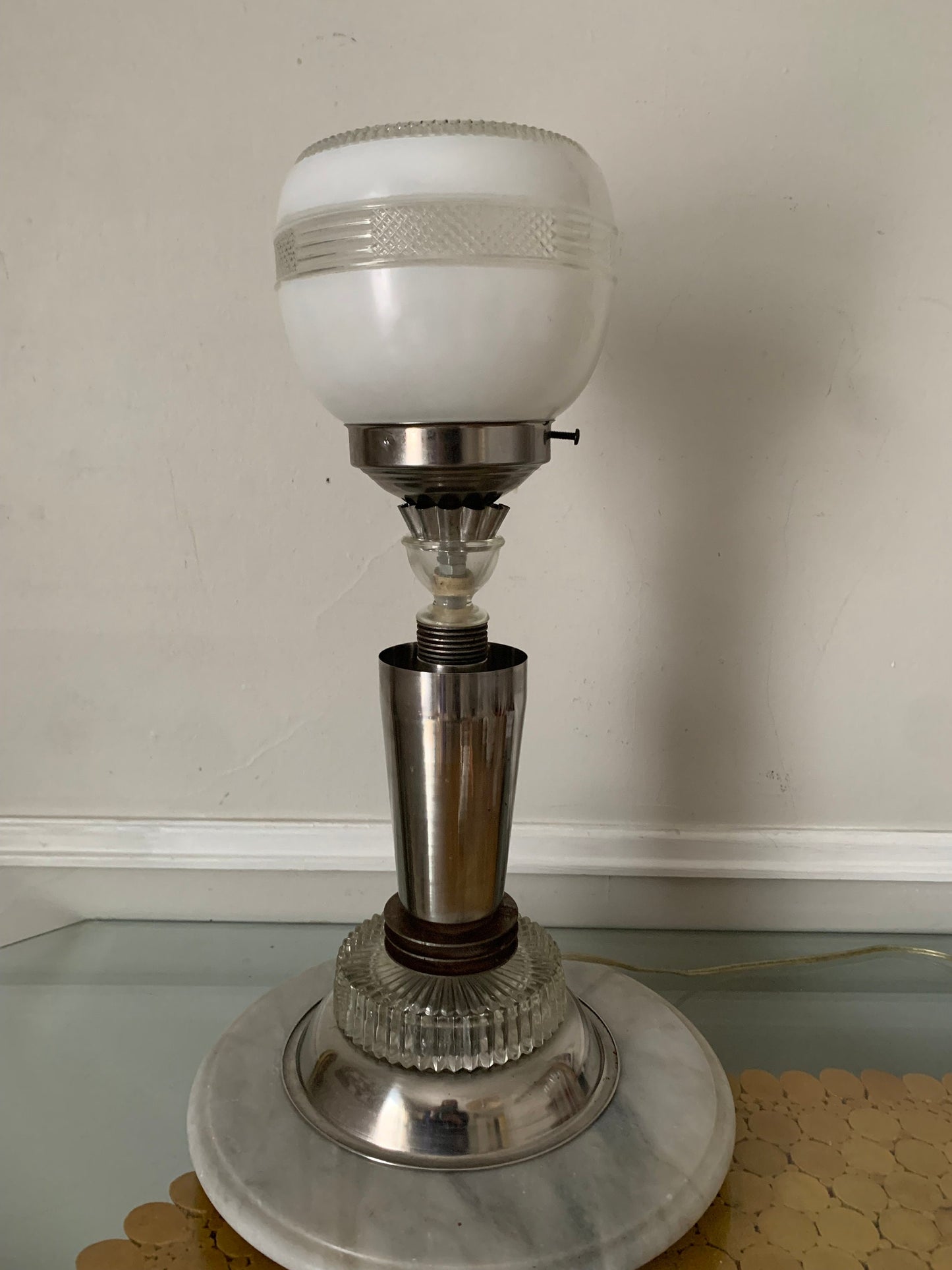 Tall Chrome Metal and Glass Table Lamp with Glass Shade