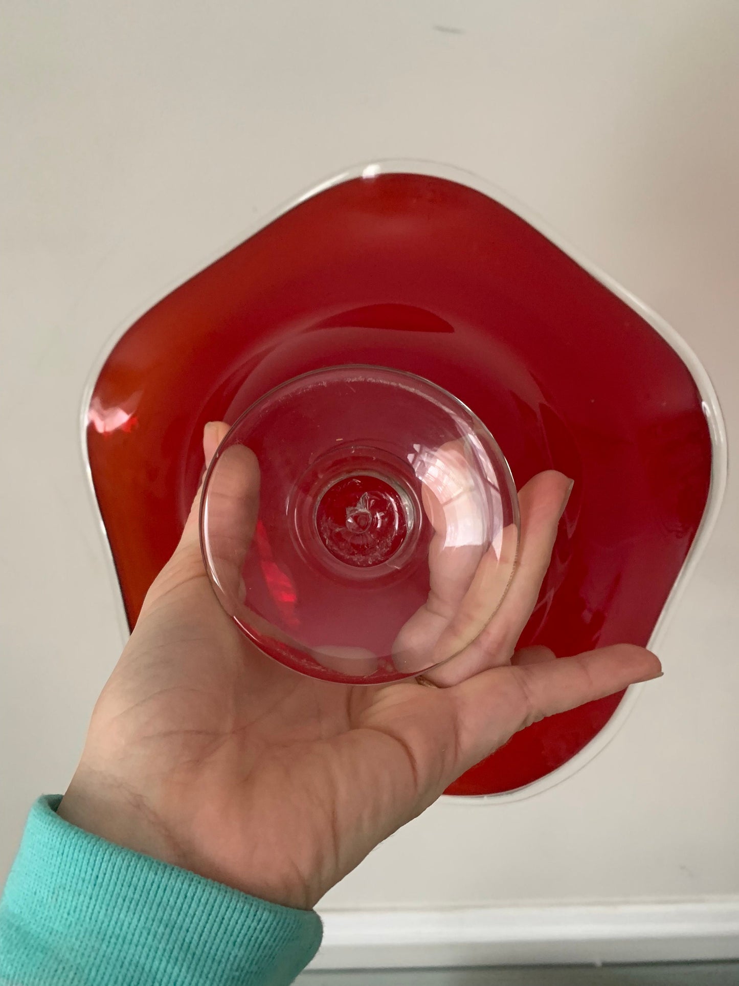 Vintage Scalloped Edge Red Glass Pedestal Bowl