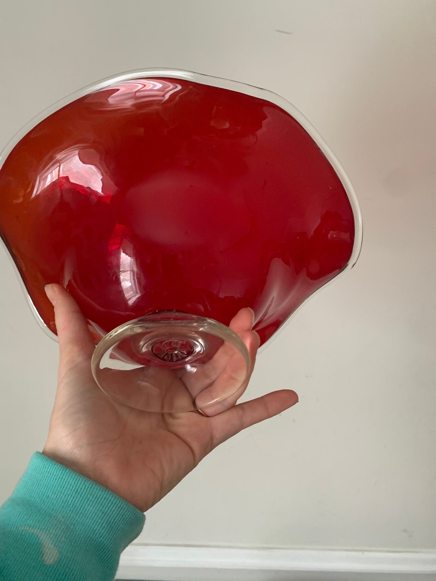 Vintage Scalloped Edge Red Glass Pedestal Bowl