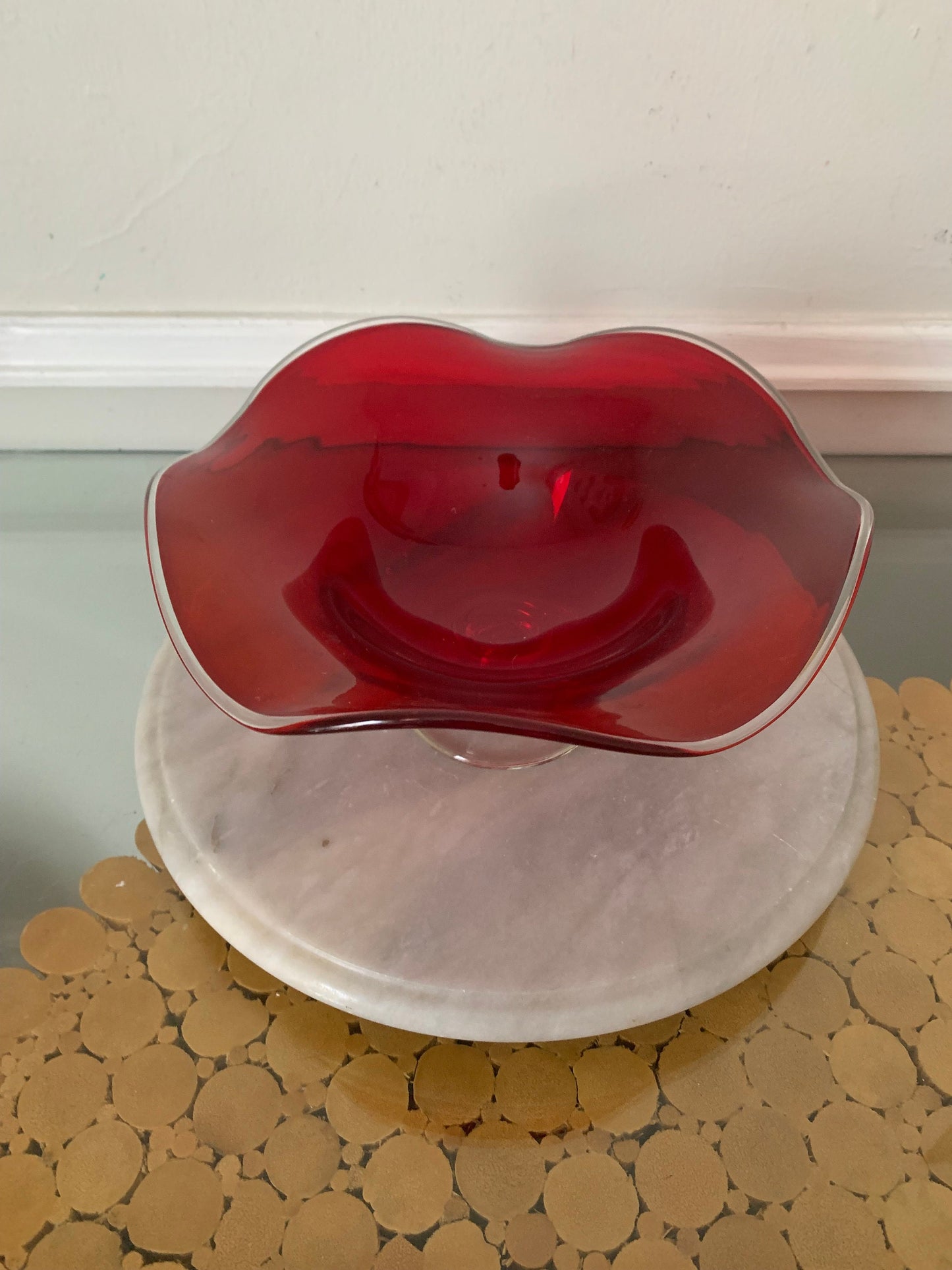 Vintage Scalloped Edge Red Glass Pedestal Bowl