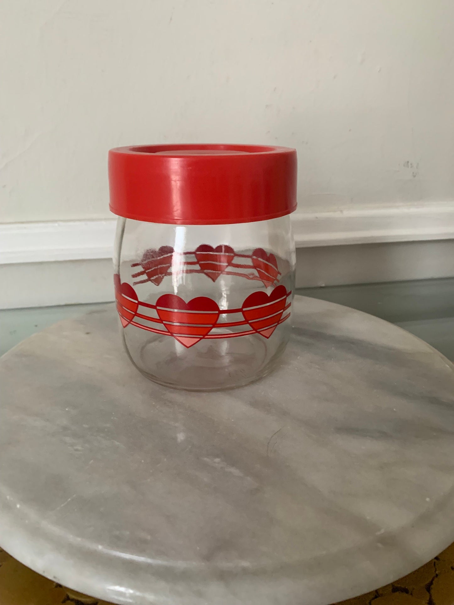 Retro Carlton Glass Hearts Jar with Red Lid Made in USA