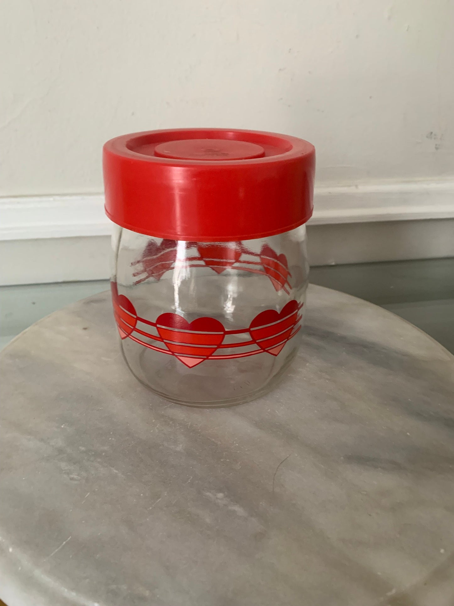 Retro Carlton Glass Hearts Jar with Red Lid Made in USA