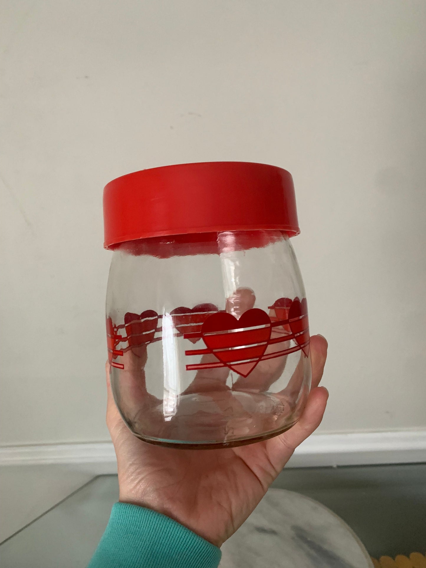 Retro Carlton Glass Hearts Jar with Red Lid Made in USA