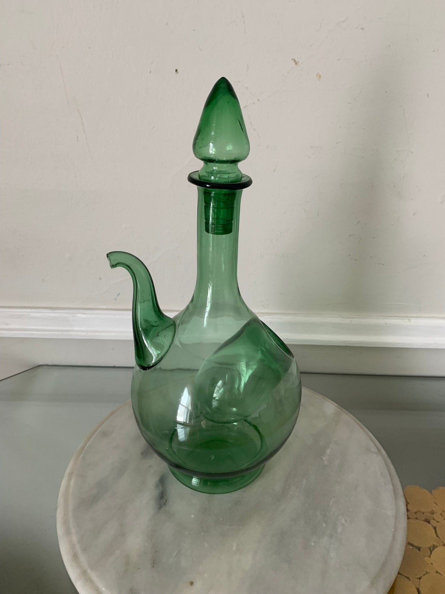 Vintage Clear Green Glass Decanter with Ice Pocket