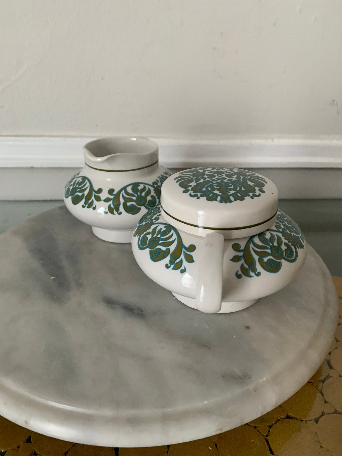 Vintage Set of Olive and Turquoise Ridgway Ironstone Cream and Sugar Set Martinique Pattern Made in England