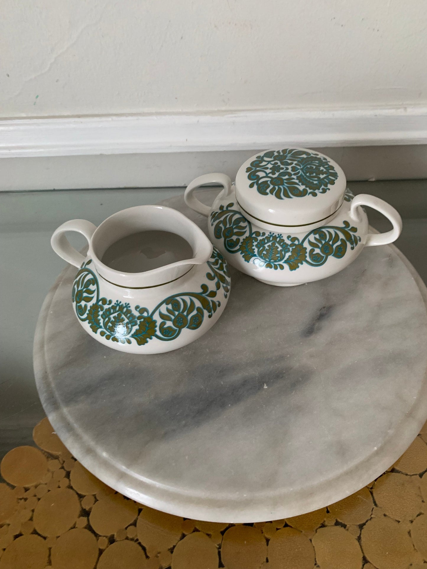 Vintage Set of Olive and Turquoise Ridgway Ironstone Cream and Sugar Set Martinique Pattern Made in England