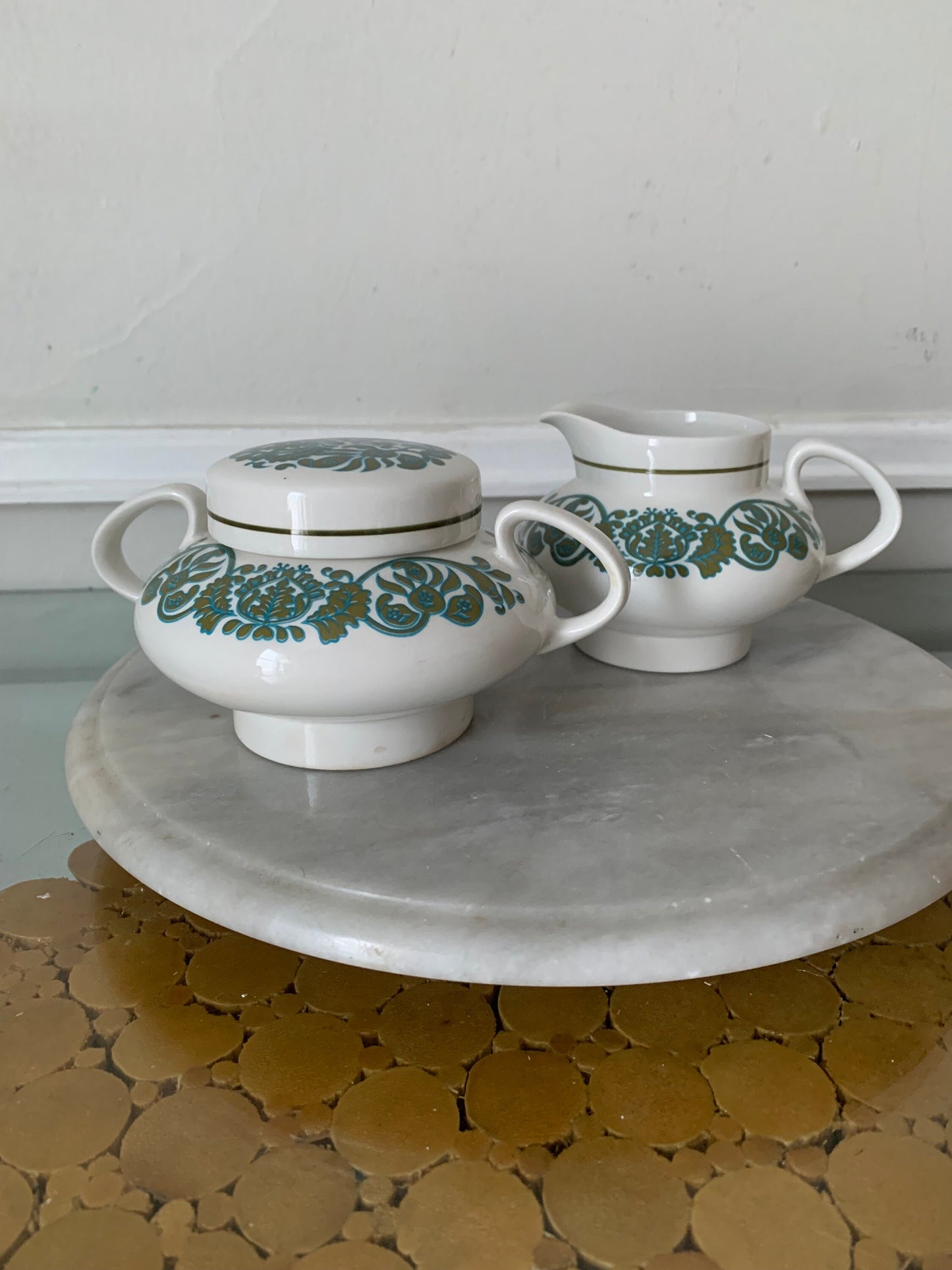 Vintage Set of Olive and Turquoise Ridgway Ironstone Cream and Sugar Set Martinique Pattern Made in England