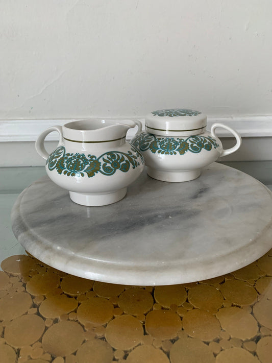 Vintage Set of Olive and Turquoise Ridgway Ironstone Cream and Sugar Set Martinique Pattern Made in England