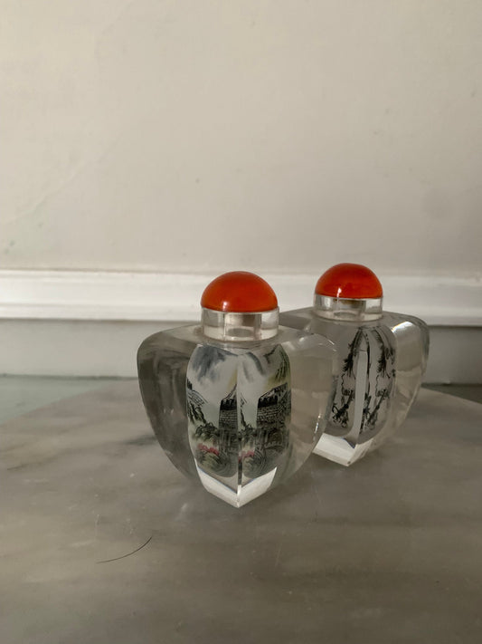 Pair of Vintage Clear Glass Containers with Hand Painted Interior