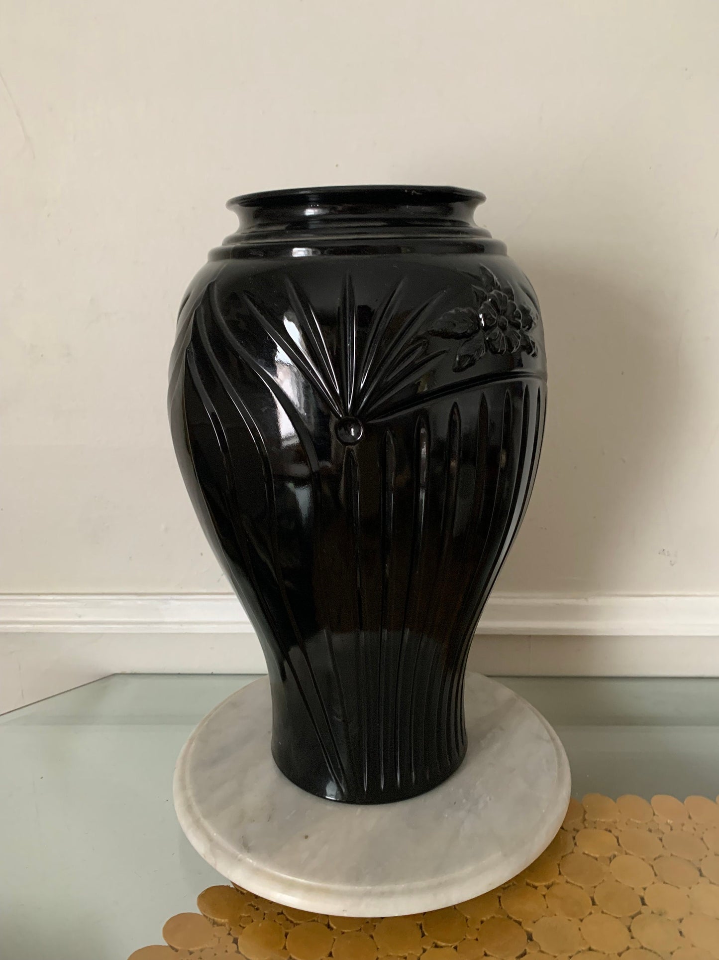 Vintage Tall Anchor Hocking Vase Cambridge Black Glass 16”