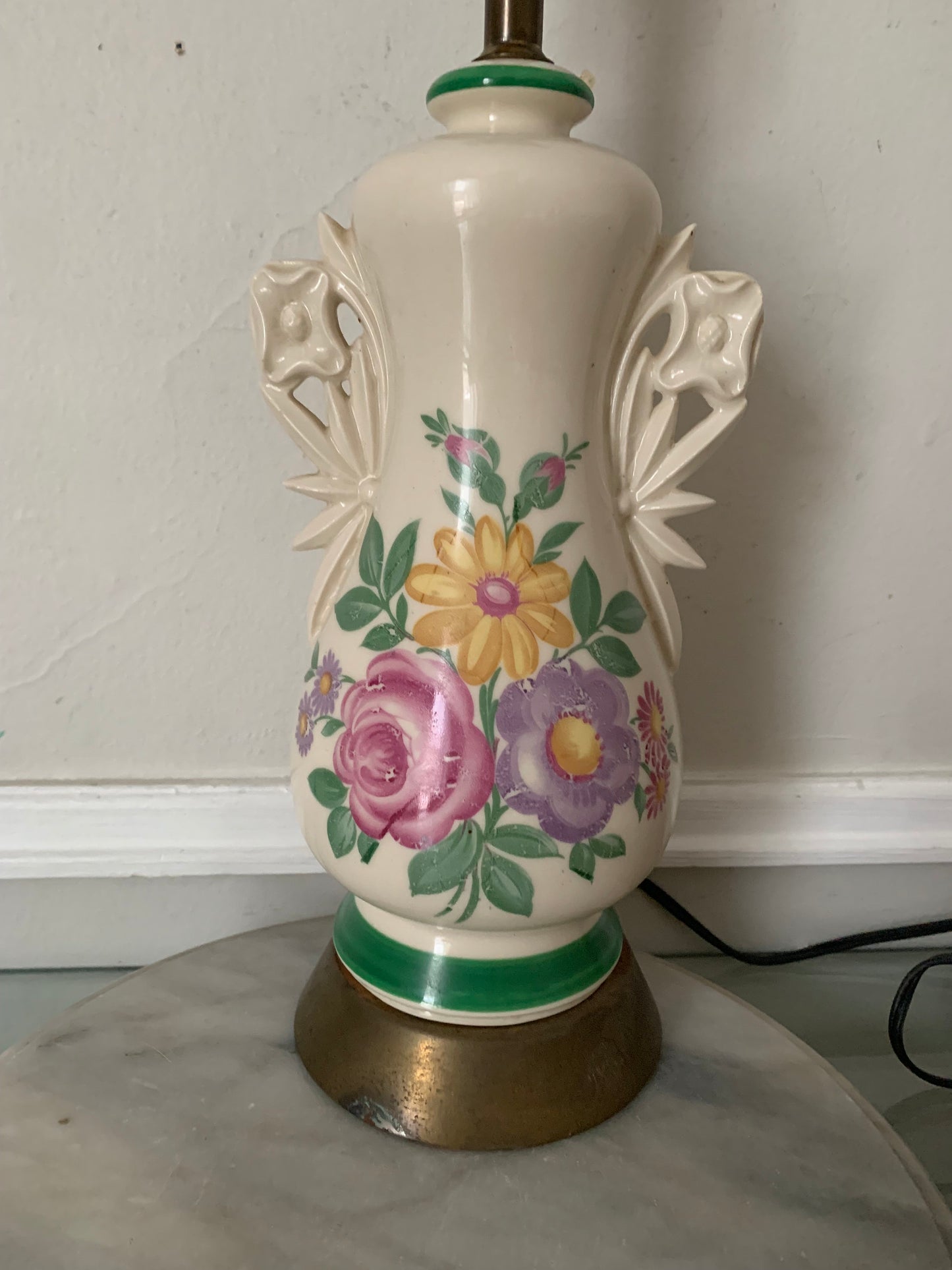 Vintage Medium Cream Ceramic Lamp with Painted Pastel Flowers Table Lamp No Shade