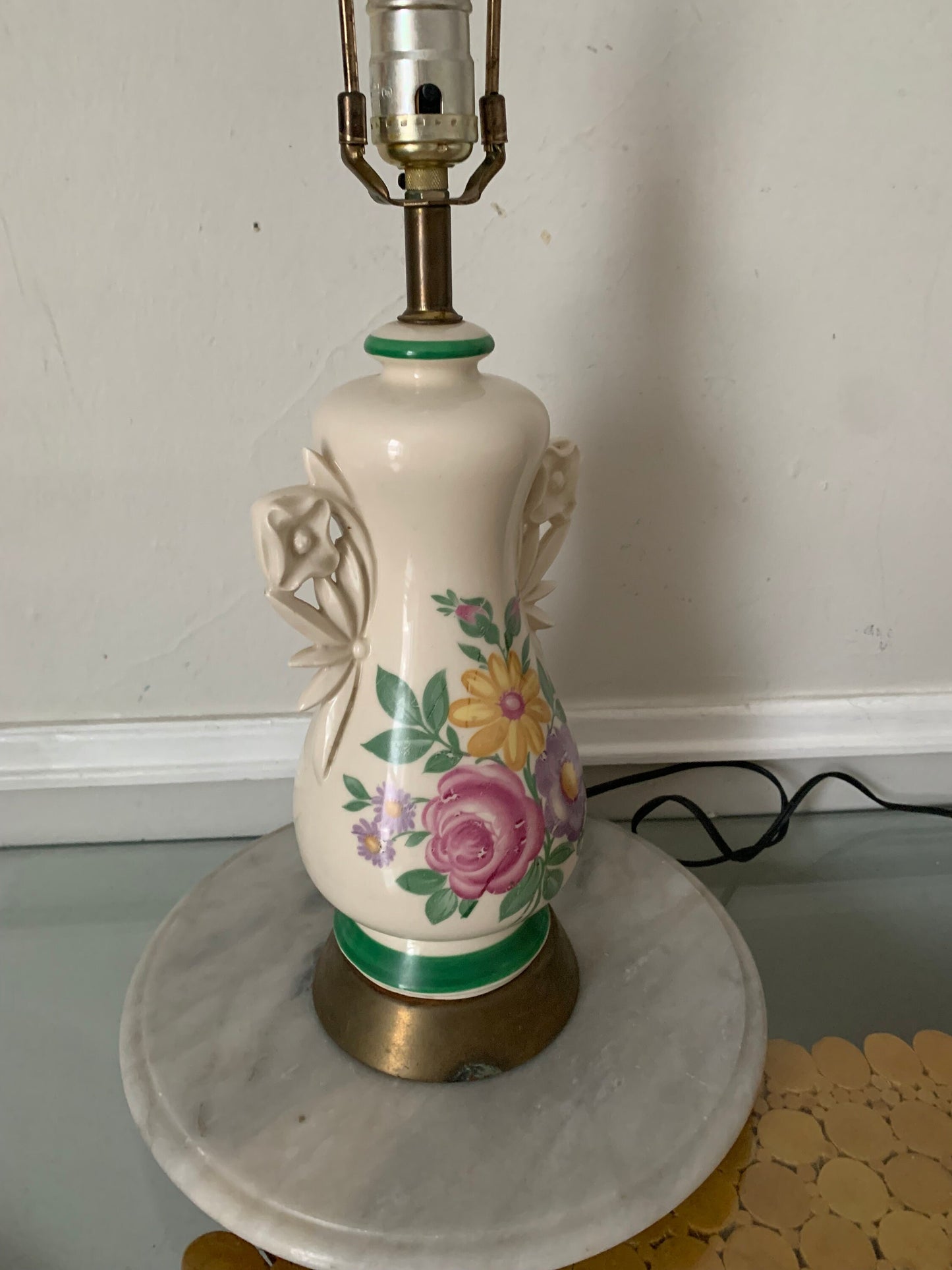 Vintage Medium Cream Ceramic Lamp with Painted Pastel Flowers Table Lamp No Shade