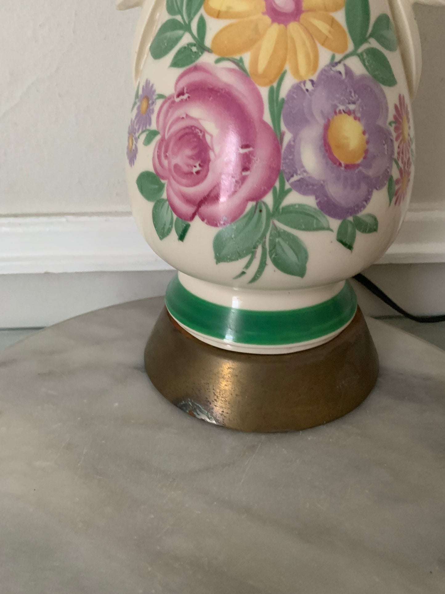 Vintage Medium Cream Ceramic Lamp with Painted Pastel Flowers Table Lamp No Shade