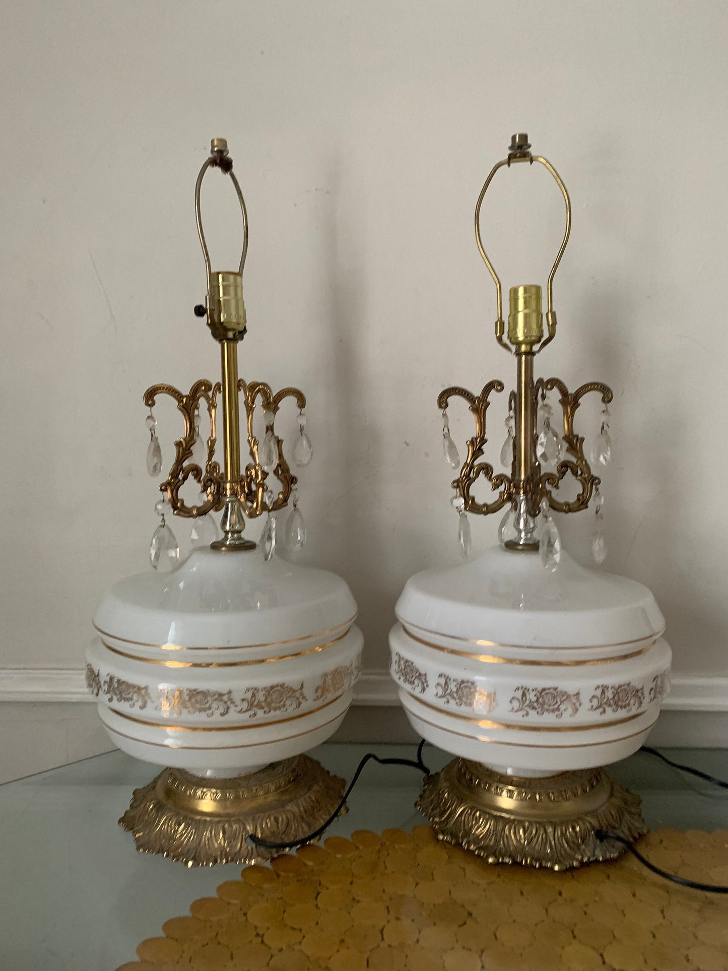 Pair of MCM White and Gold Table Lamp-Hollywood Regency 1972 No Shades