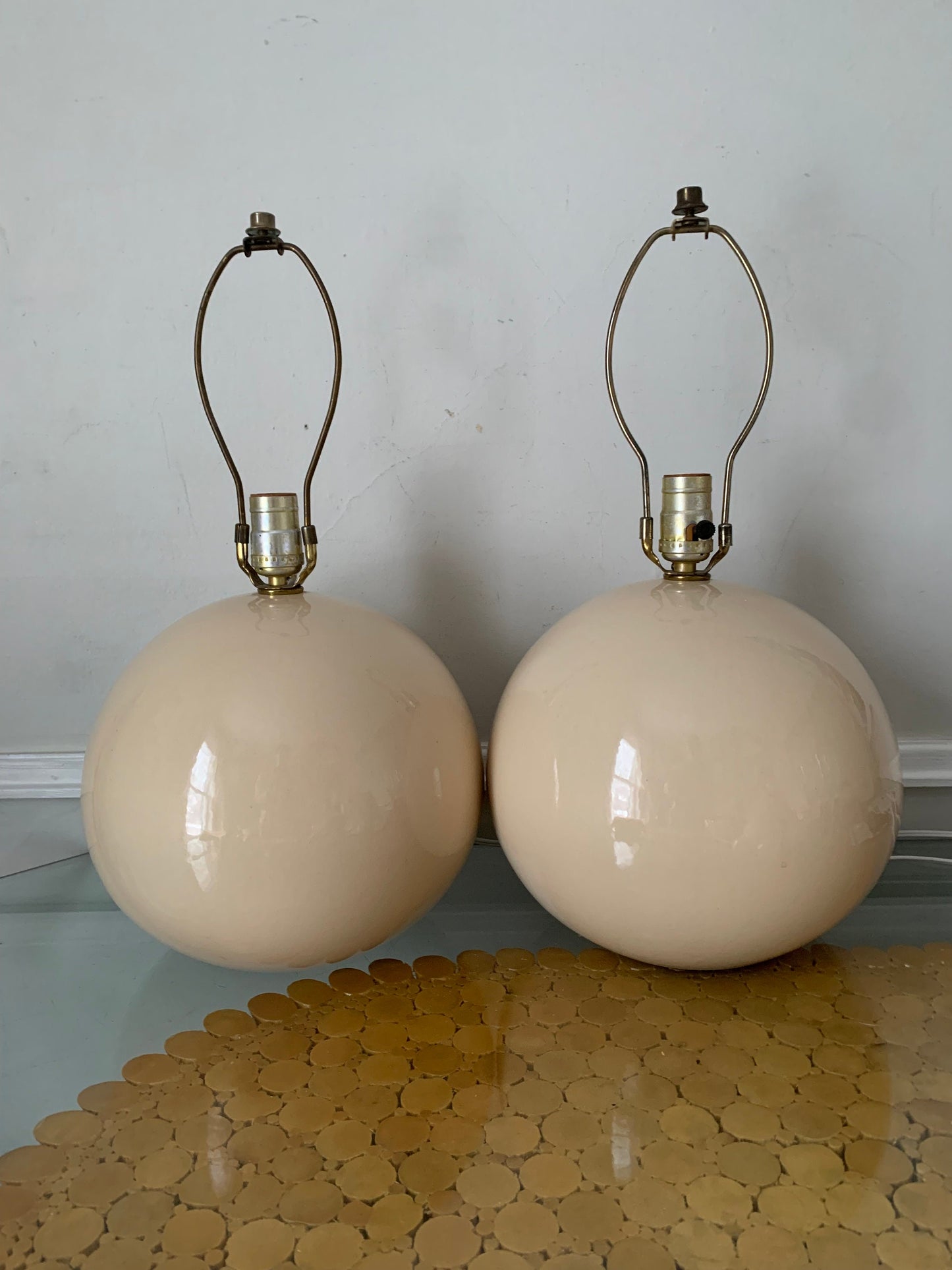 Vintage Pair of Large Cream Ceramic Gum Ball Lamps No Shades