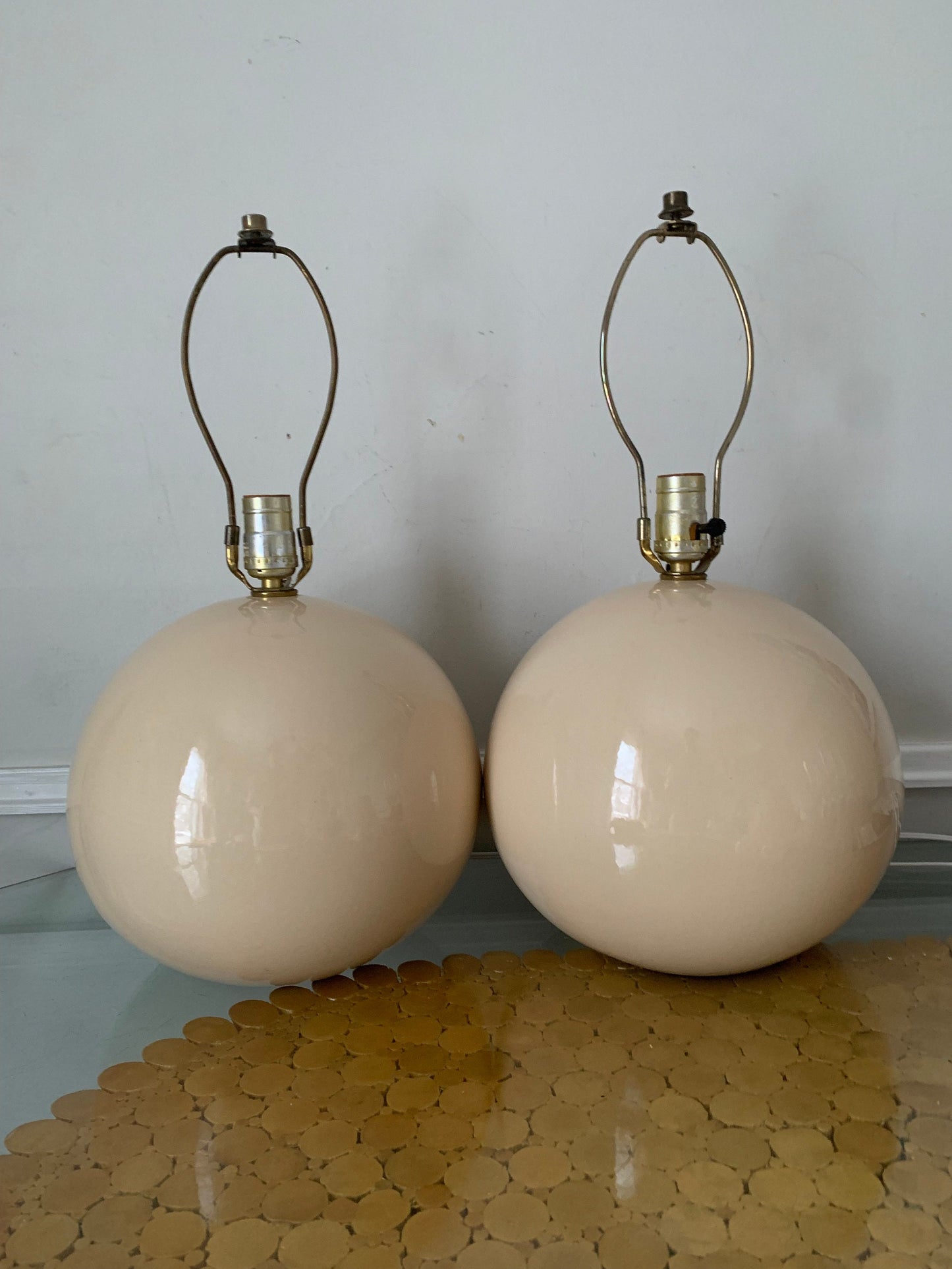 Vintage Pair of Large Cream Ceramic Gum Ball Lamps No Shades