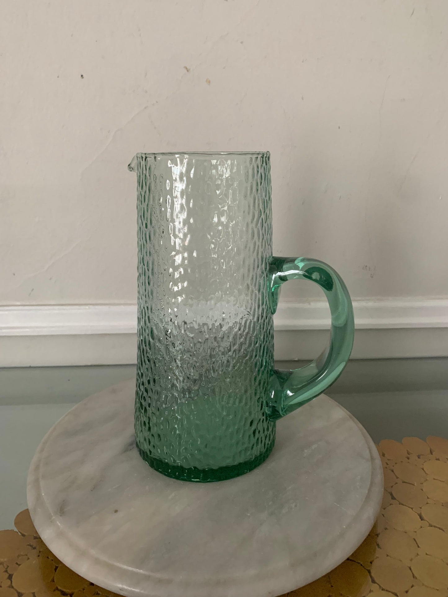 Tall Retro Sea Glass Green Glass Pitcher with Hammered Texture