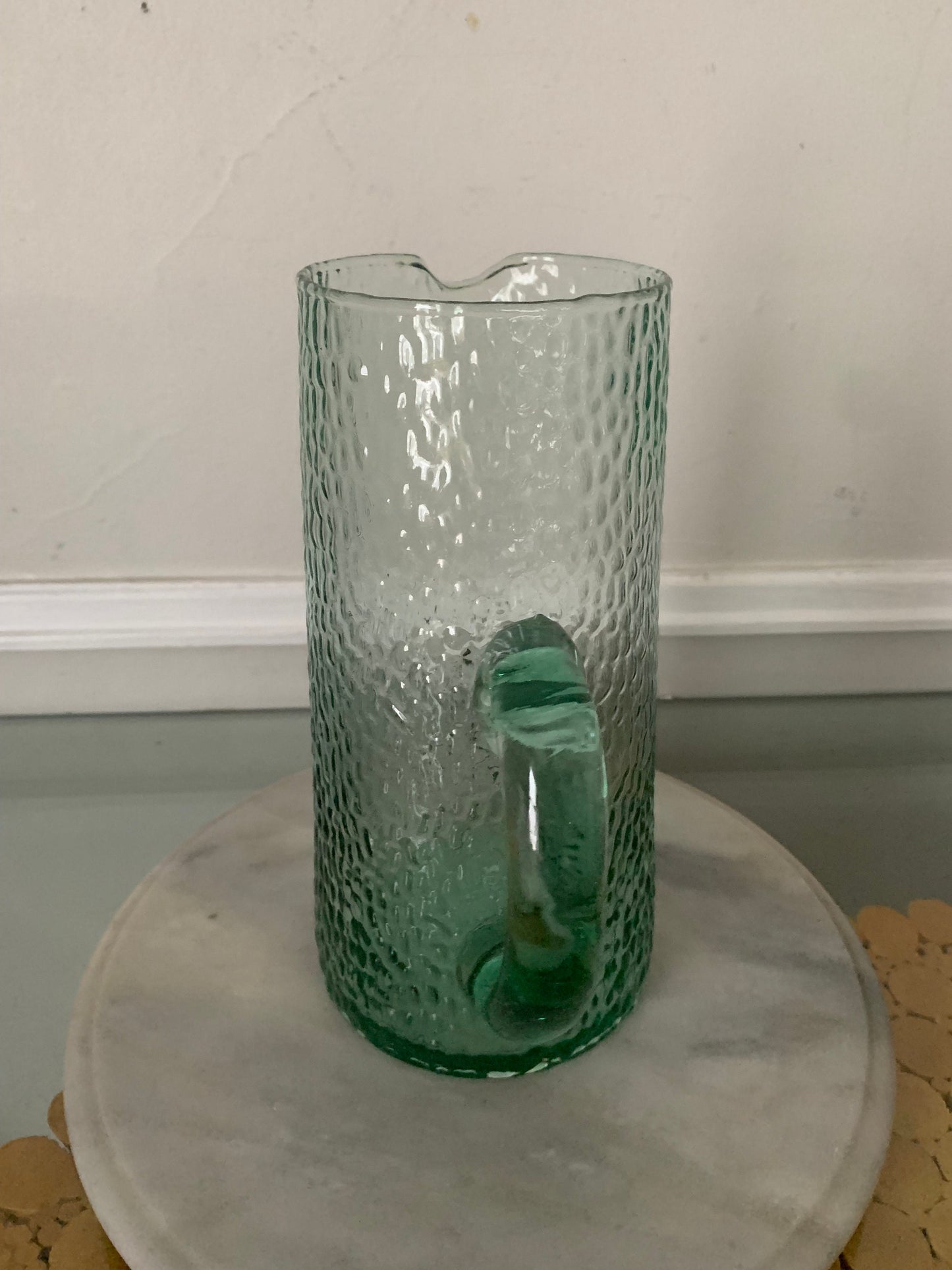 Tall Retro Sea Glass Green Glass Pitcher with Hammered Texture