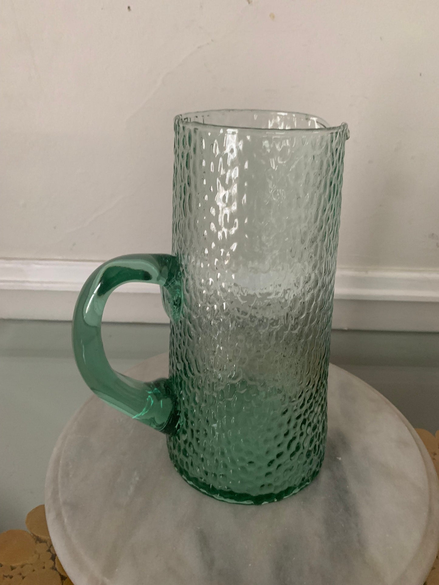 Tall Retro Sea Glass Green Glass Pitcher with Hammered Texture