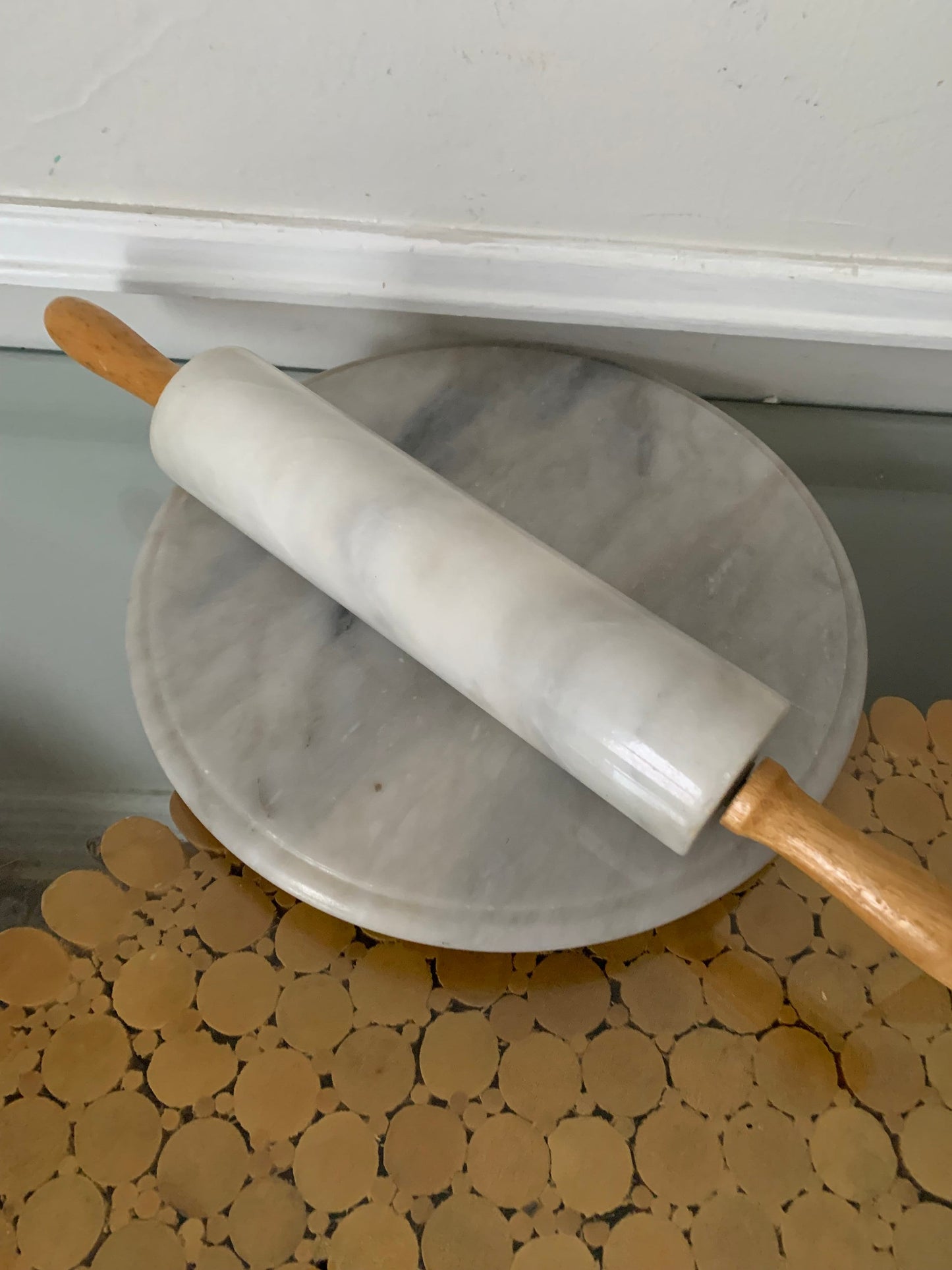 Vintage Grey Marble Rolling Pin Wooden Handles