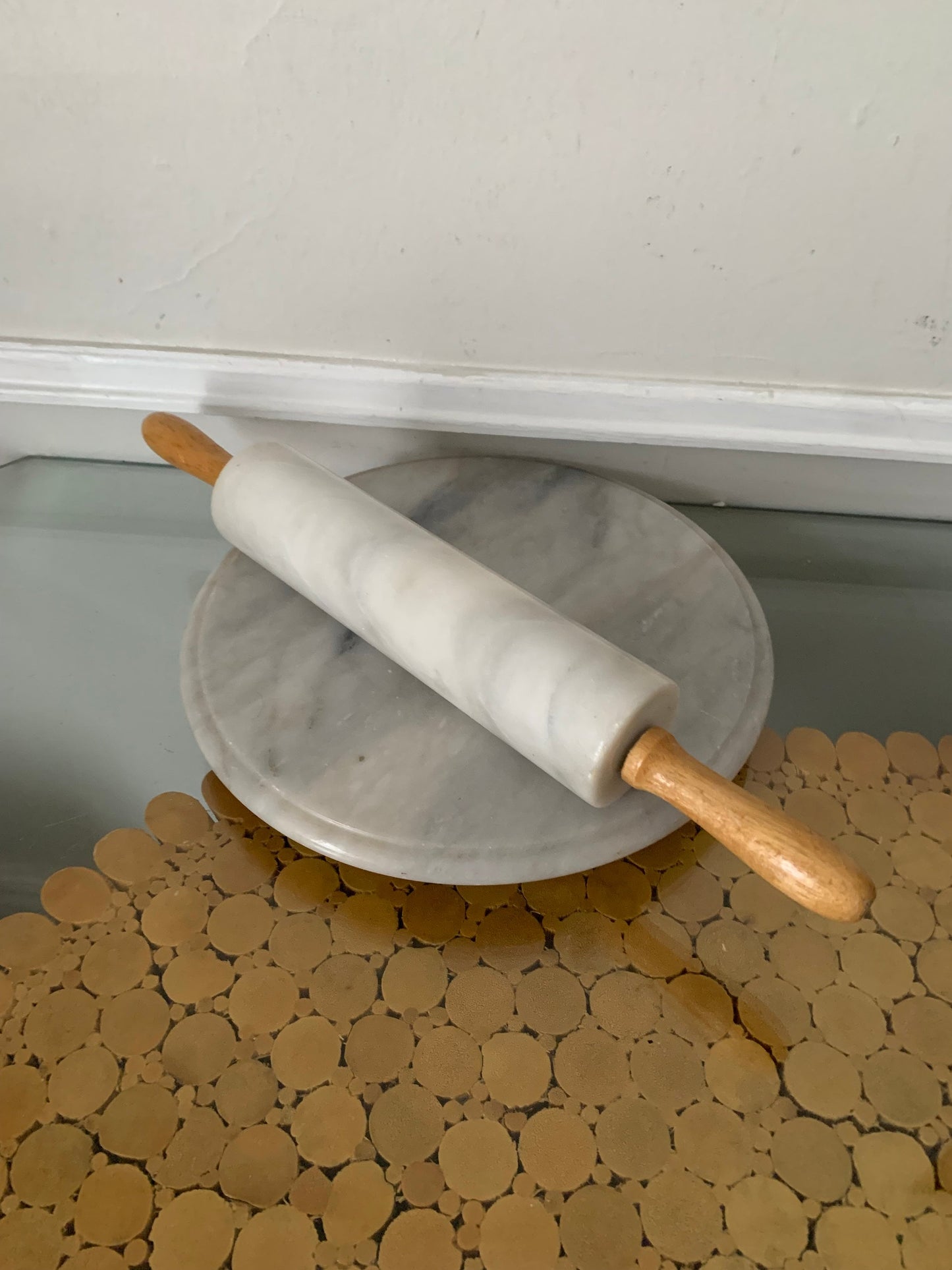 Vintage Grey Marble Rolling Pin Wooden Handles