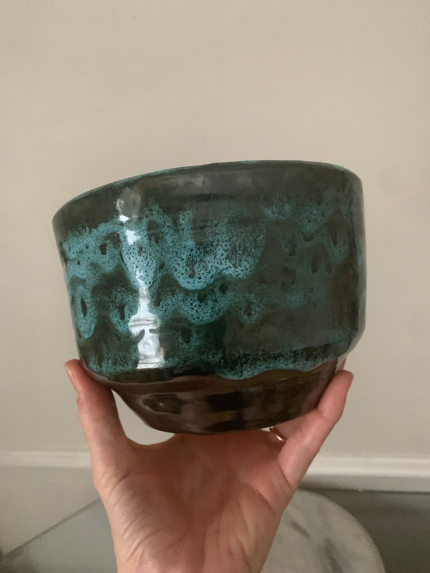 Vintage Small Green Drip Glaze Pottery Planter