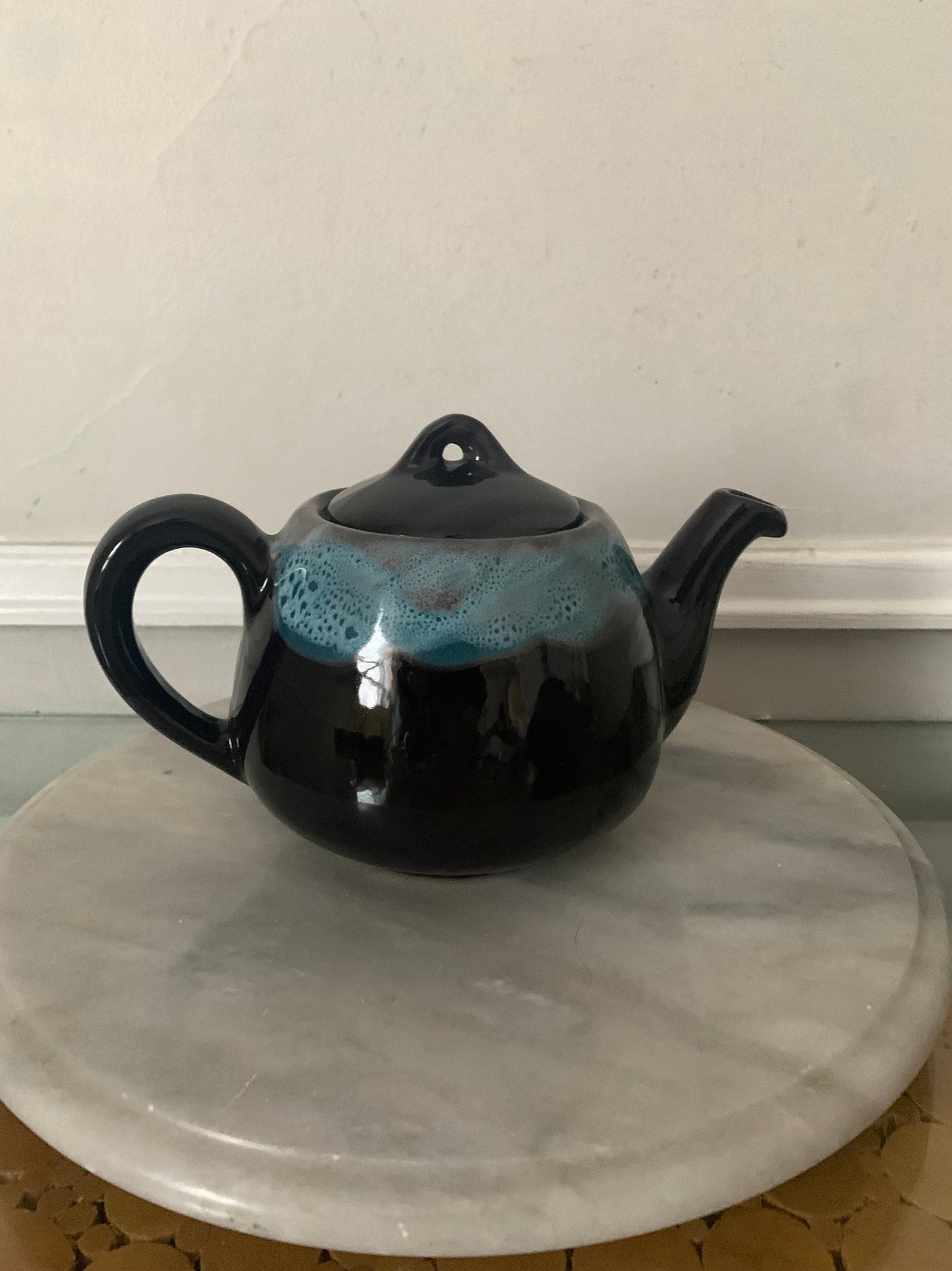 Vintage Personal Size Brown and Turquoise Pottery Teapot