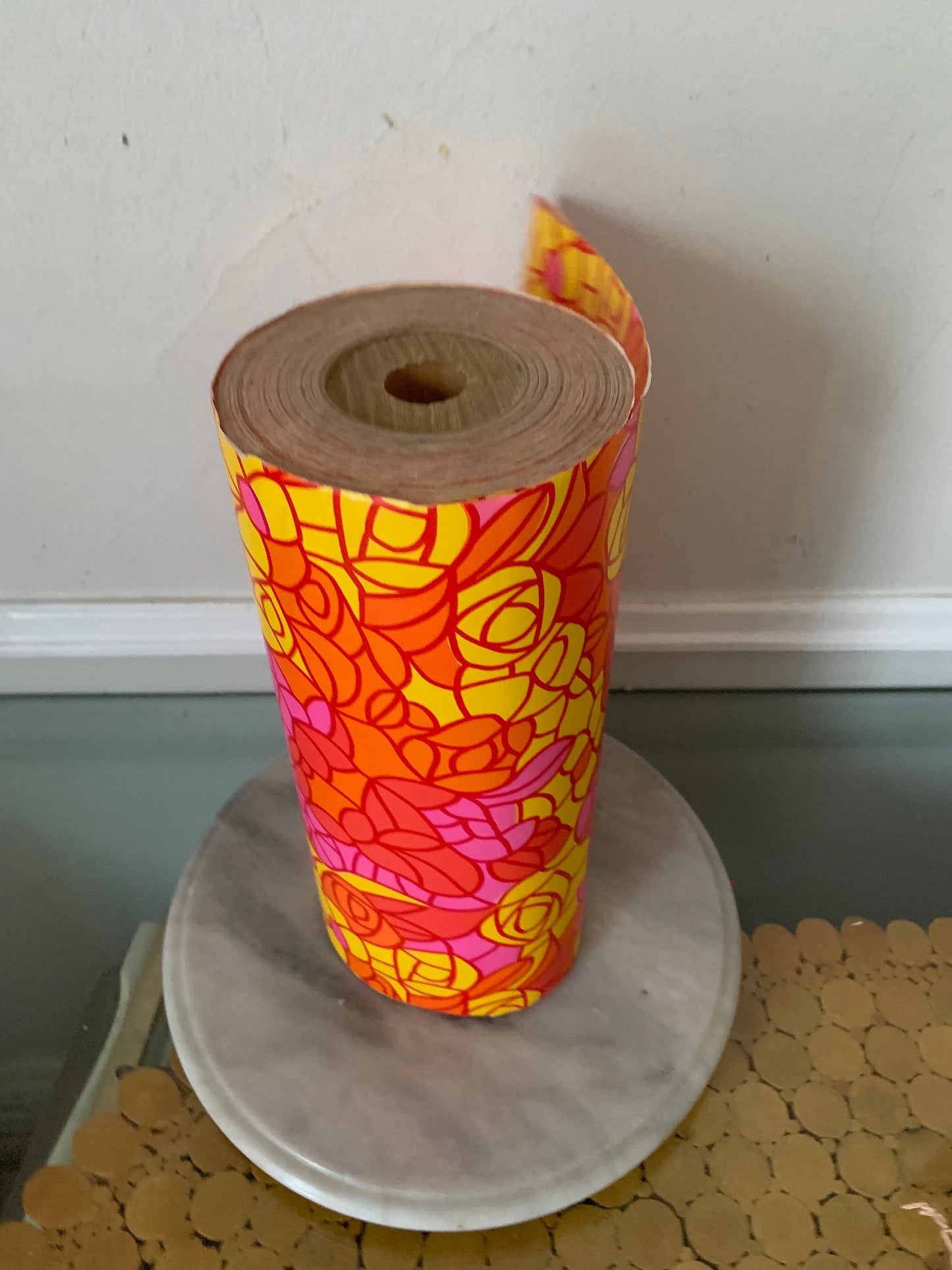 Vintage Bright Yellow Orange and Pink Floral Wrapping Paper on Wooden Spool