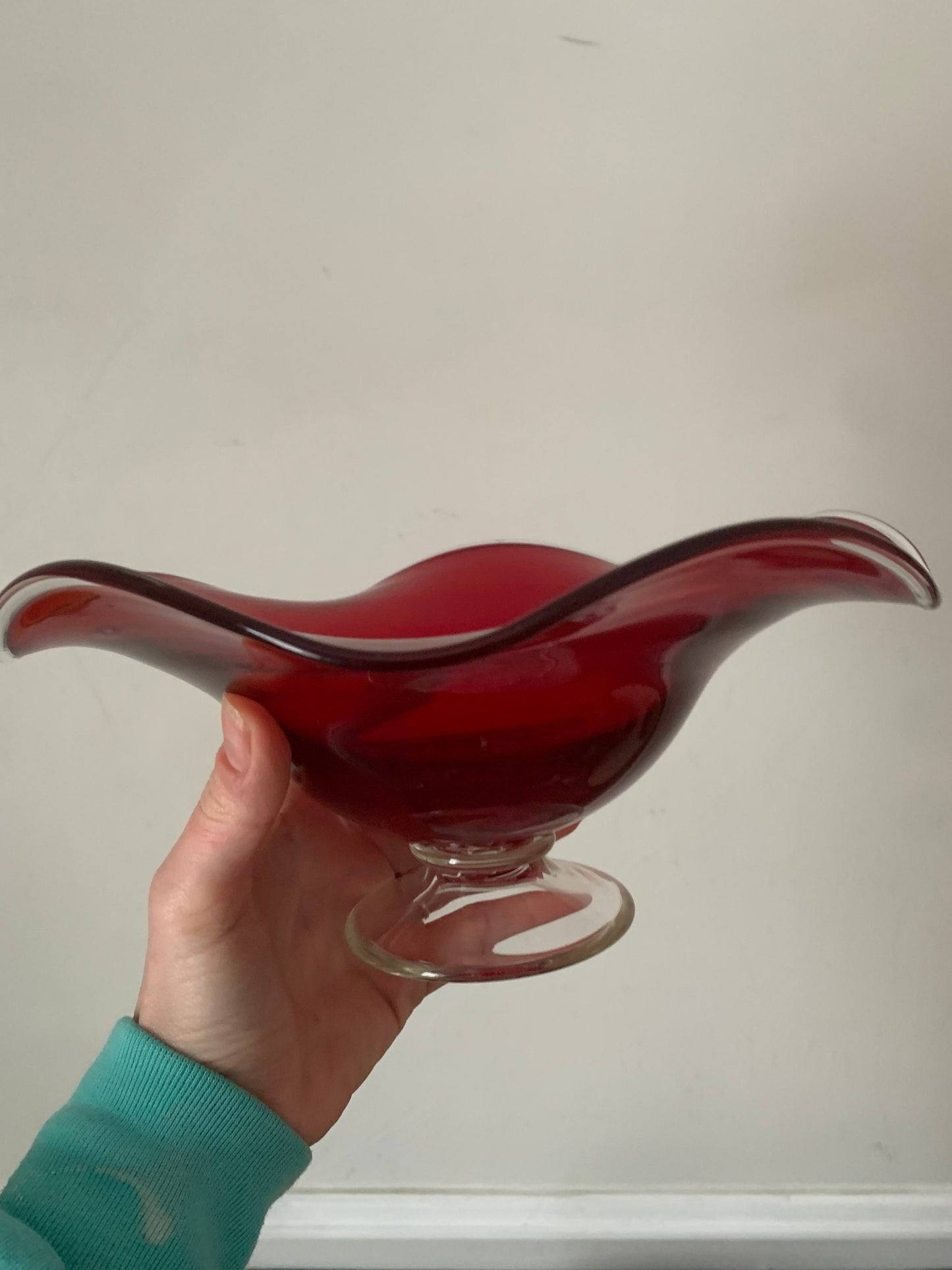 Vintage Scalloped Edge Red Glass Pedestal Bowl