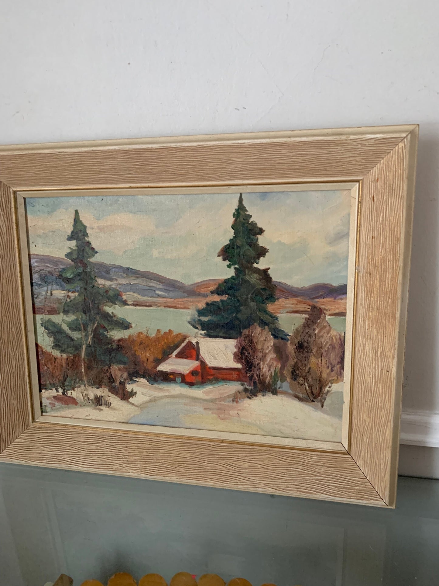 Vintage Medium Winter Land Scape Scene Painting in White Wood Frame