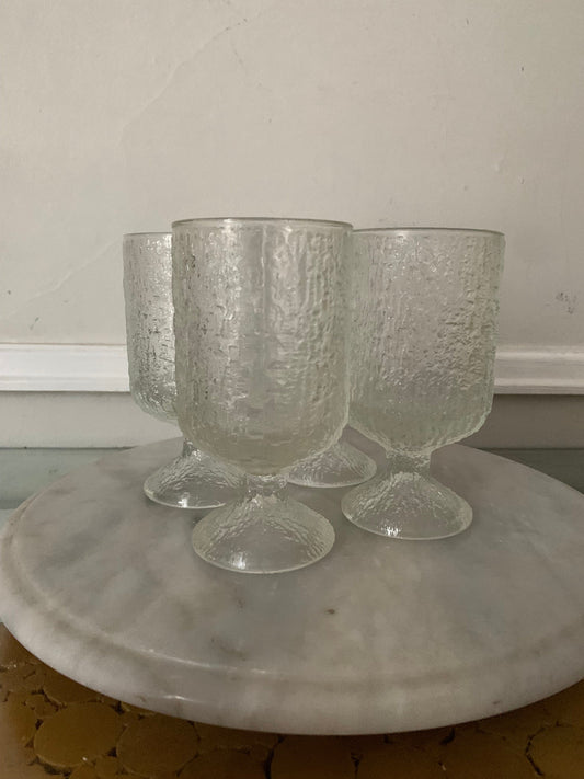 Set of 4 MCM Clear Bark Textured Footed Glasses