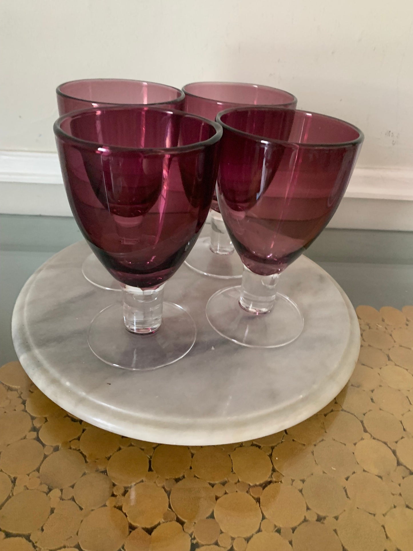 Vintage Set of 4 Thick Glass Purple Wine Glasses with Clear Stem