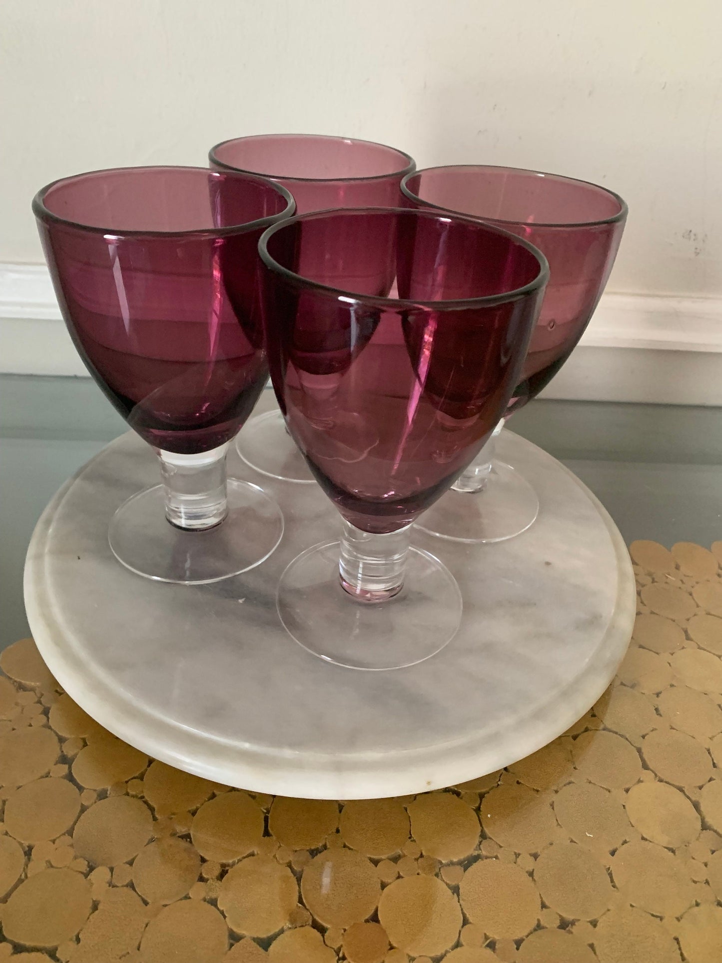 Vintage Set of 4 Thick Glass Purple Wine Glasses with Clear Stem