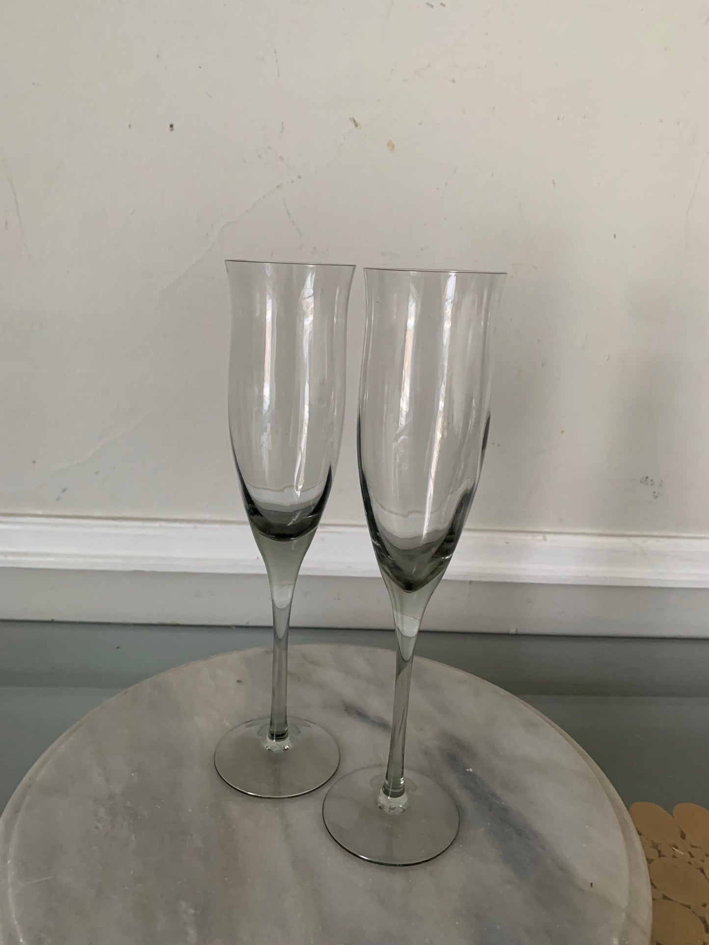 Pair of Vintage Tall  Smokey Gray Glass Champagne Flutes with Flared Lip