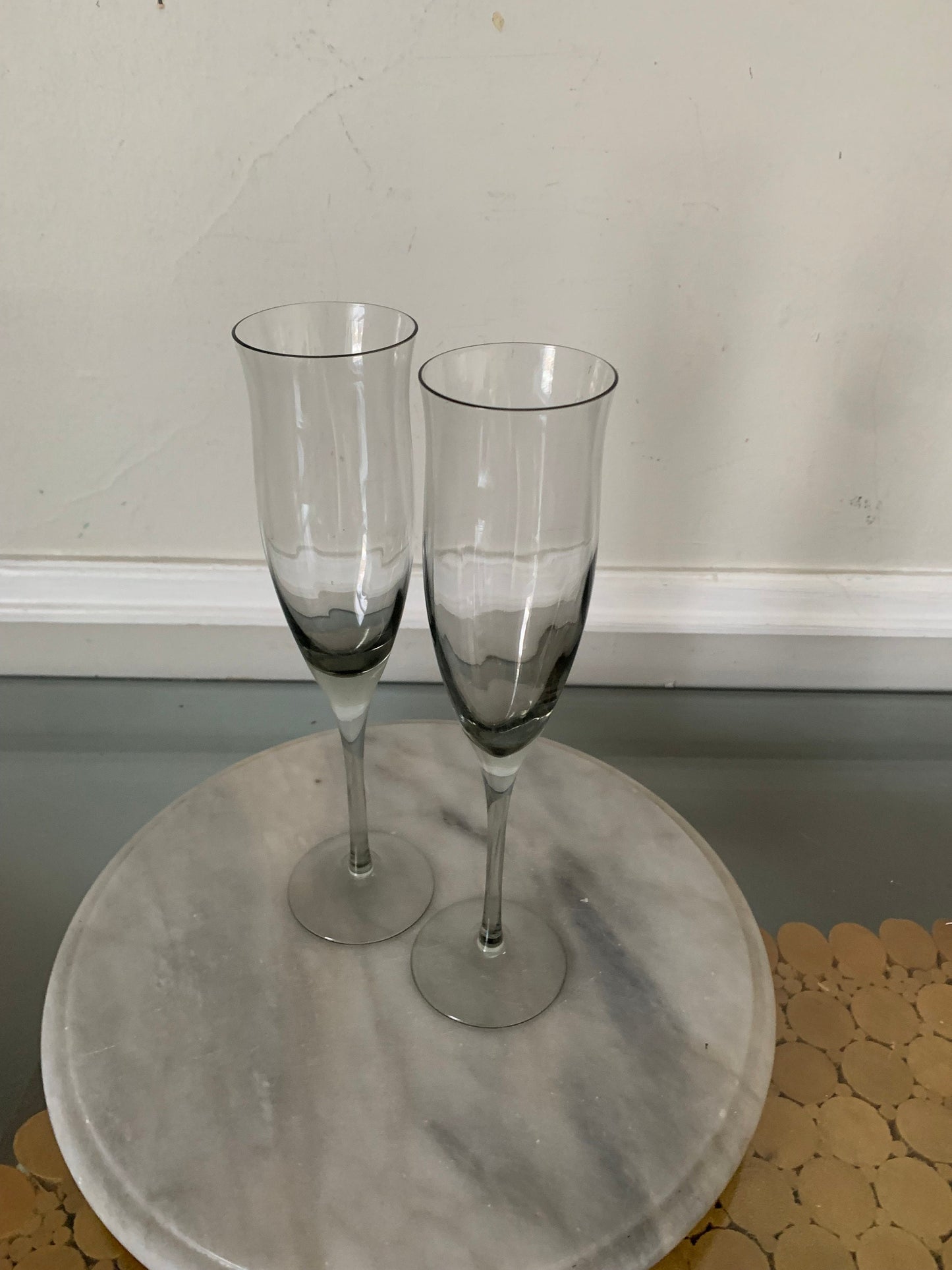 Pair of Vintage Tall  Smokey Gray Glass Champagne Flutes with Flared Lip