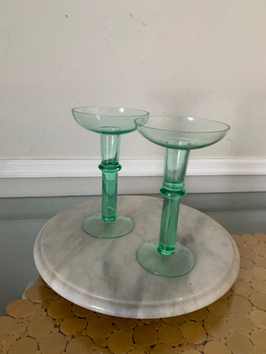 Pair of Vintage Green Glass Candlesticks