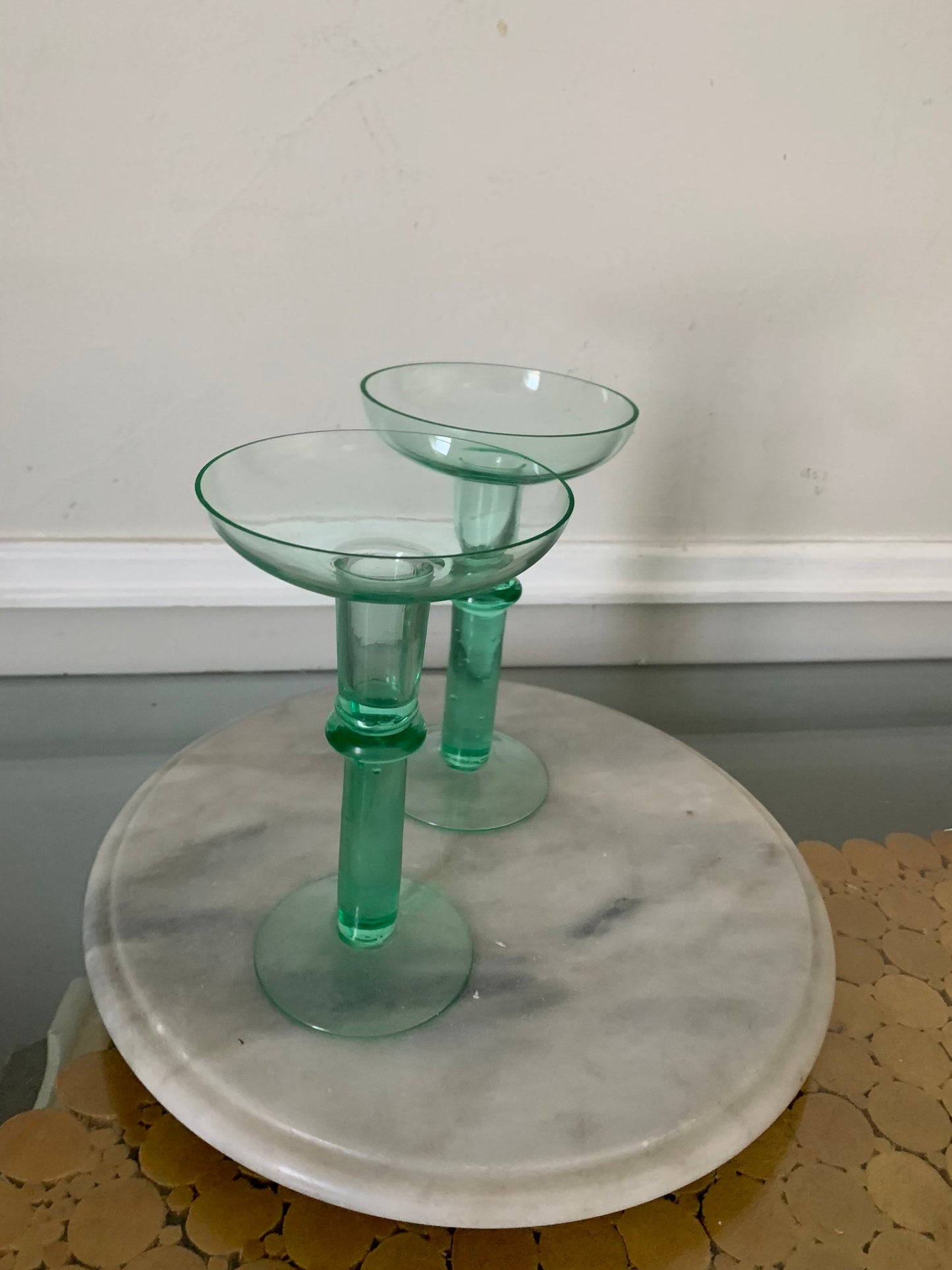 Pair of Vintage Green Glass Candlesticks