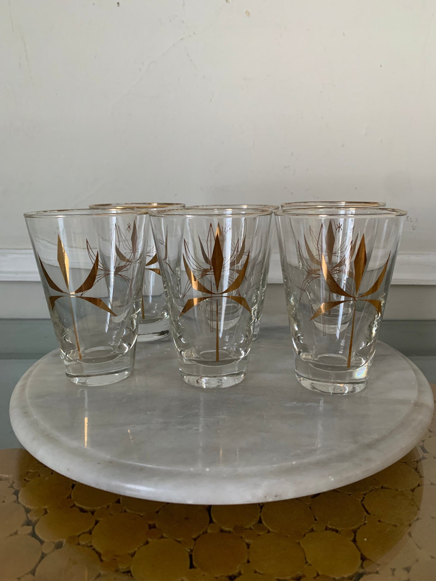 Set of 6 MCM Short Flared Lip Low Ball Tumblers with Abstract Gold Design