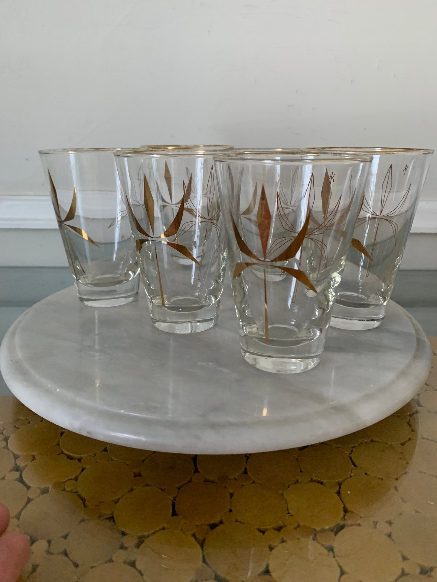 Set of 6 MCM Short Flared Lip Low Ball Tumblers with Abstract Gold Design