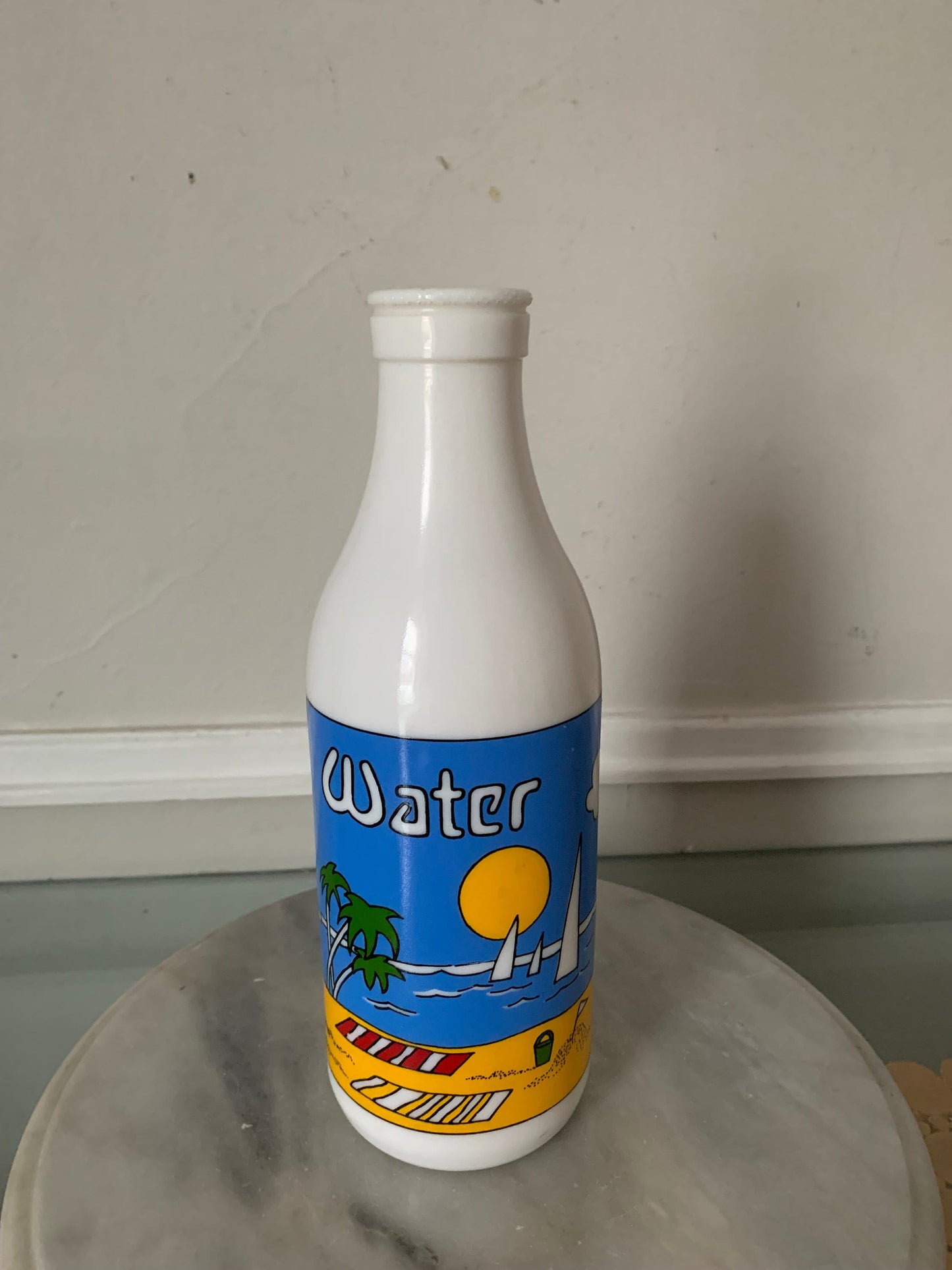 Retro Milk Glass Carlton Water Bottle with Beach Scene