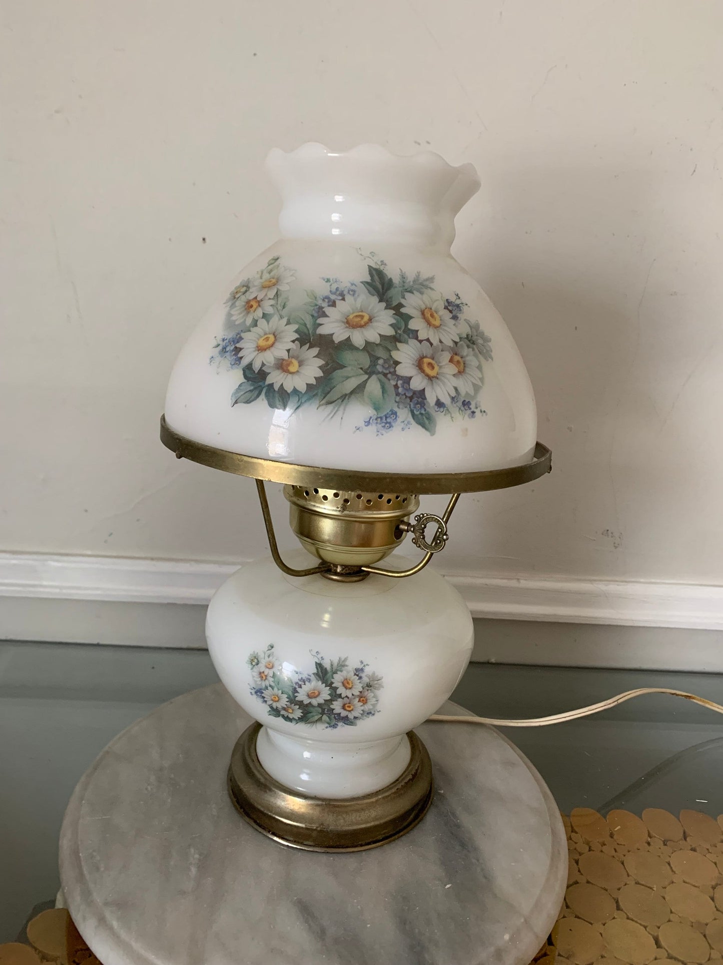 Vintage Milk Glass Lamp Hurricane Shade with Daisies and Brass Base