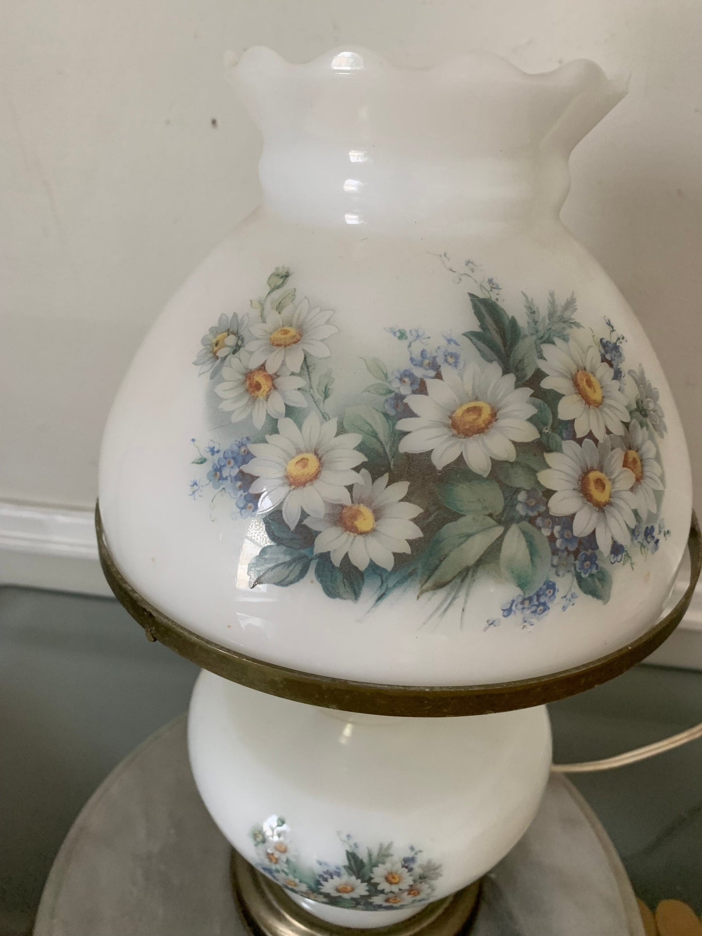 Vintage Milk Glass Lamp Hurricane Shade with Daisies and Brass Base